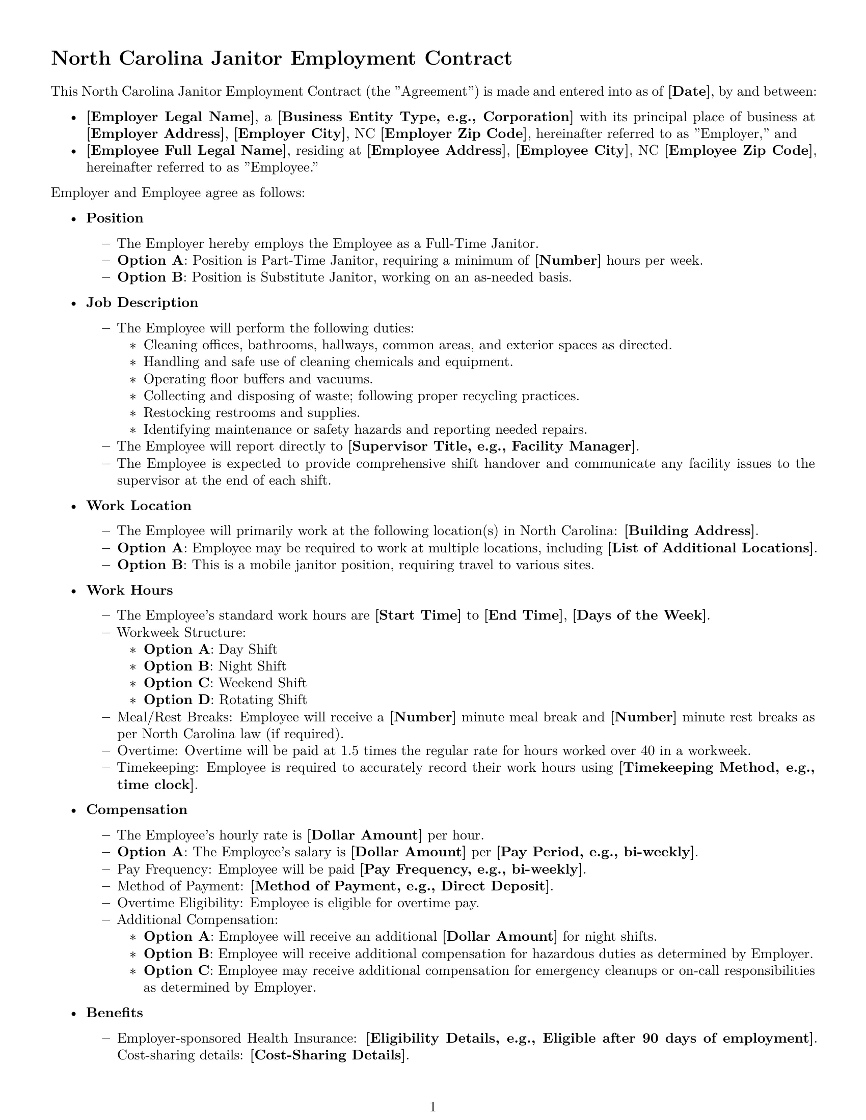 Preview page 1 of Free North Carolina janitor employment contract template