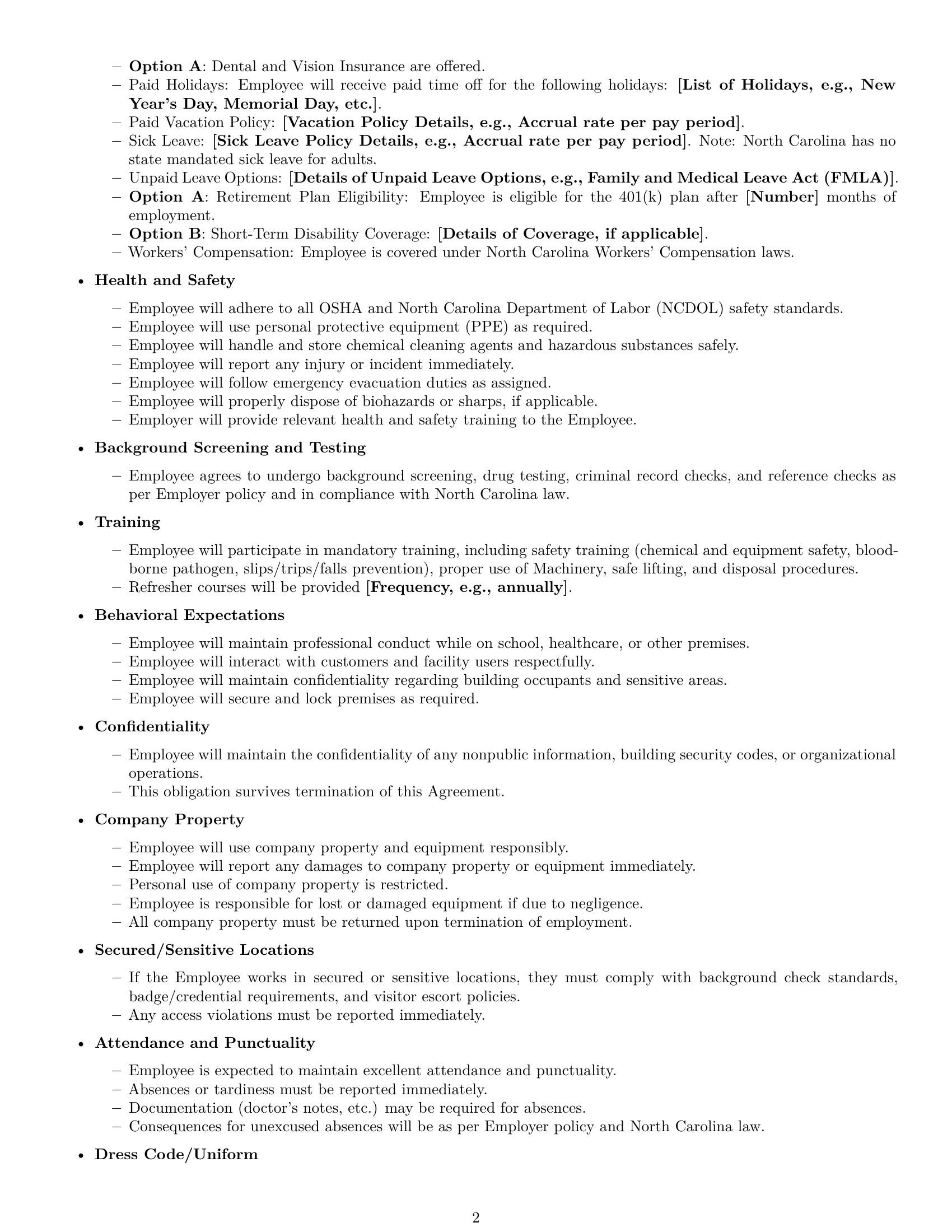 Preview page 2 of Free North Carolina janitor employment contract template