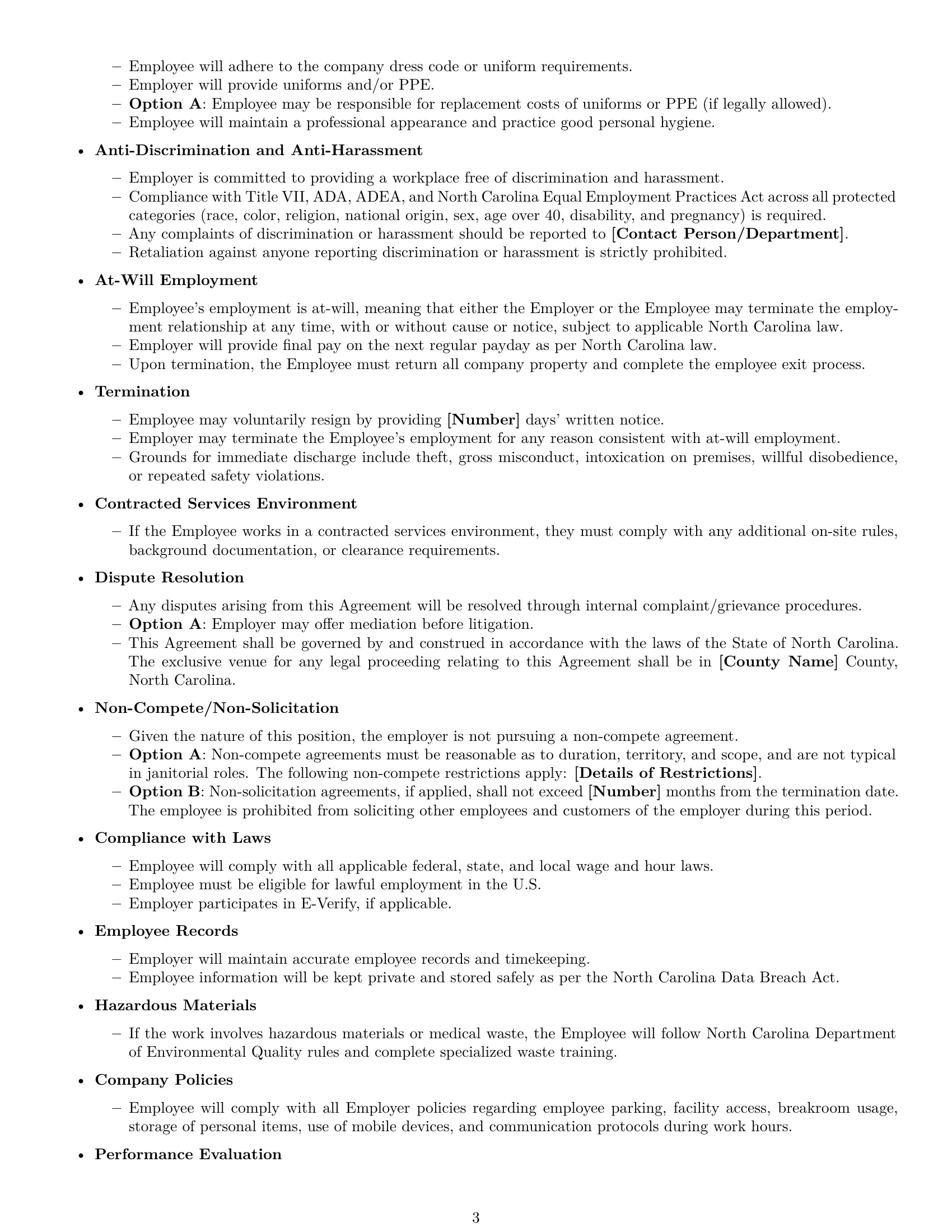 Preview page 3 of Free North Carolina janitor employment contract template