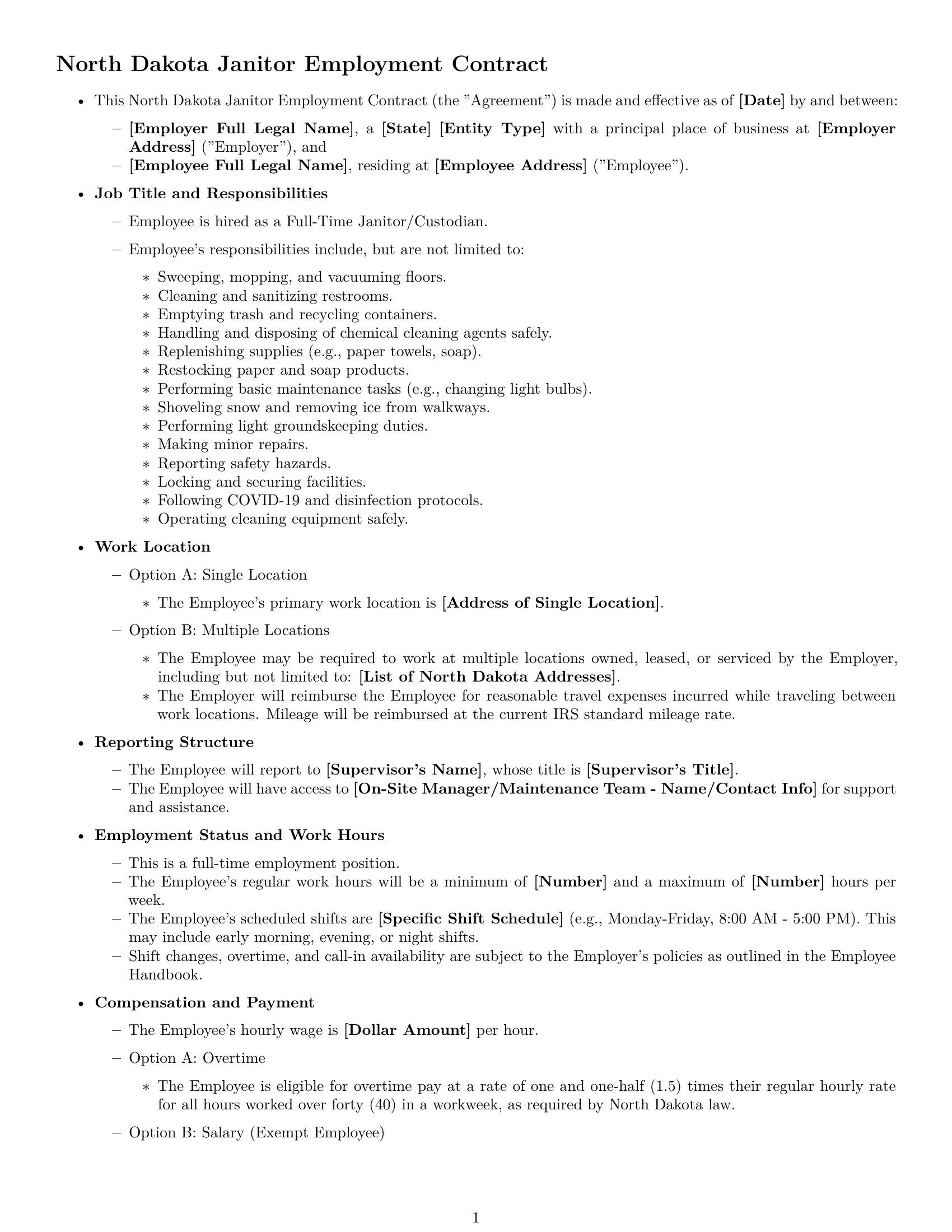 Preview page 1 of Free North Dakota janitor employment contract template