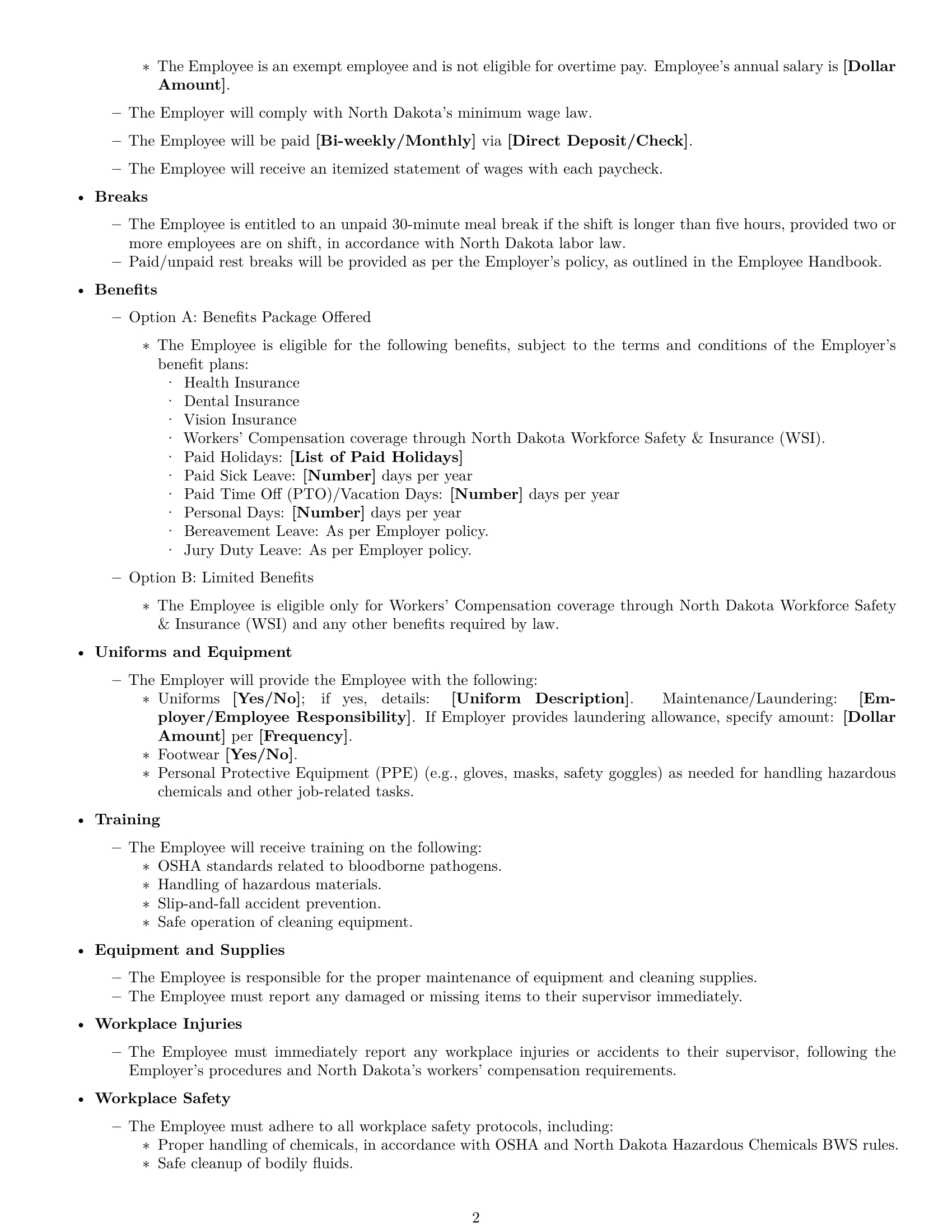 Preview page 2 of Free North Dakota janitor employment contract template