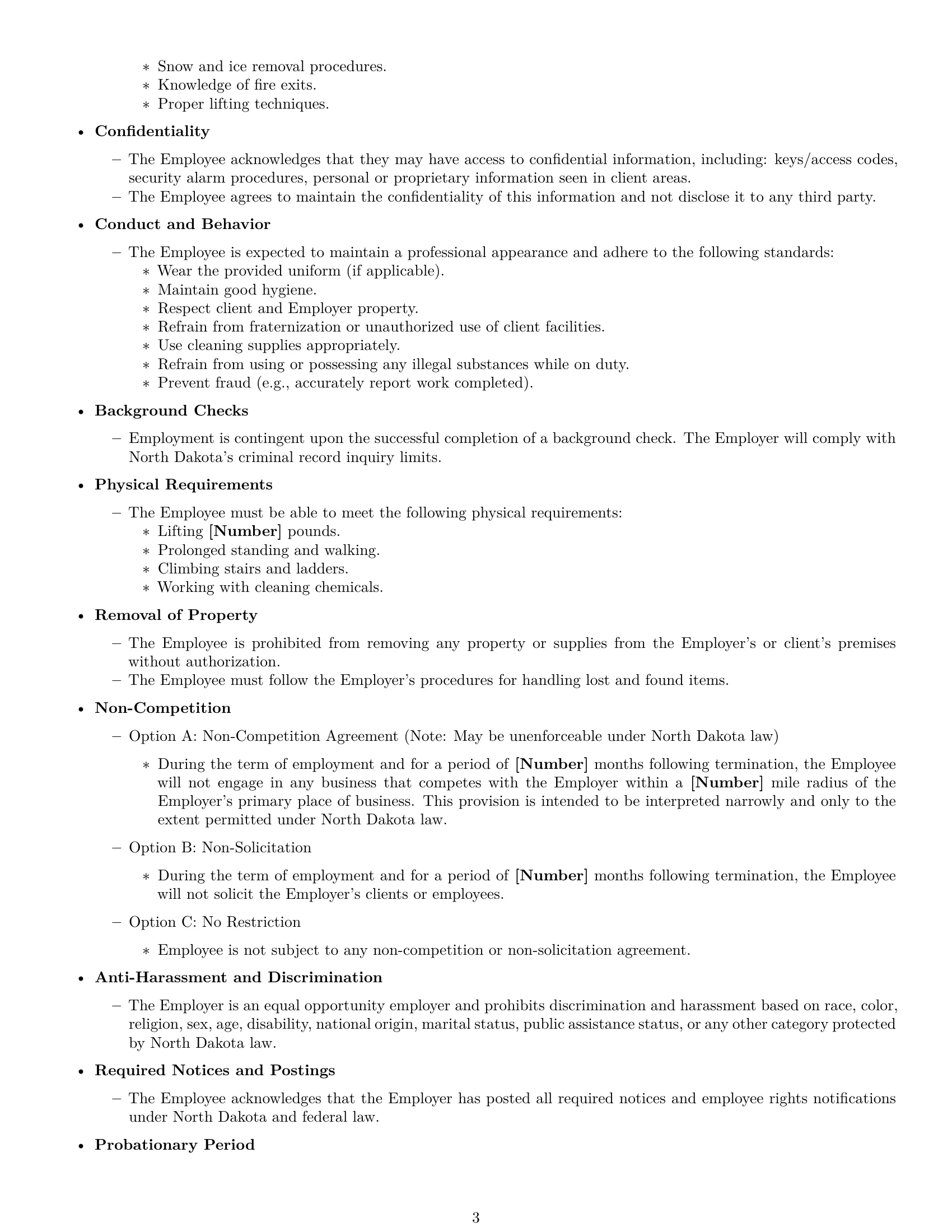 Preview page 3 of Free North Dakota janitor employment contract template