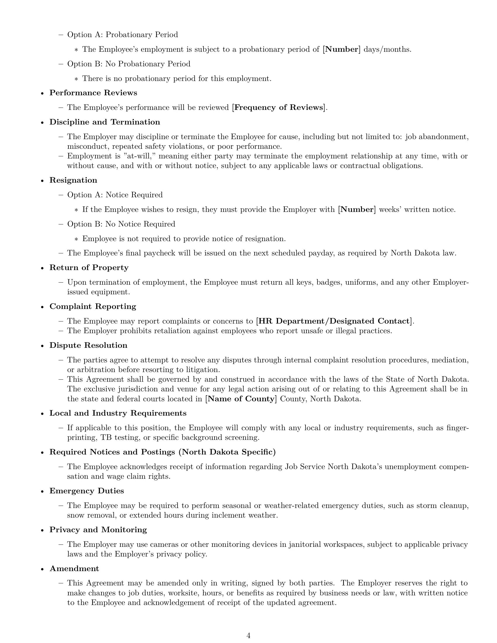 Preview page 4 of Free North Dakota janitor employment contract template