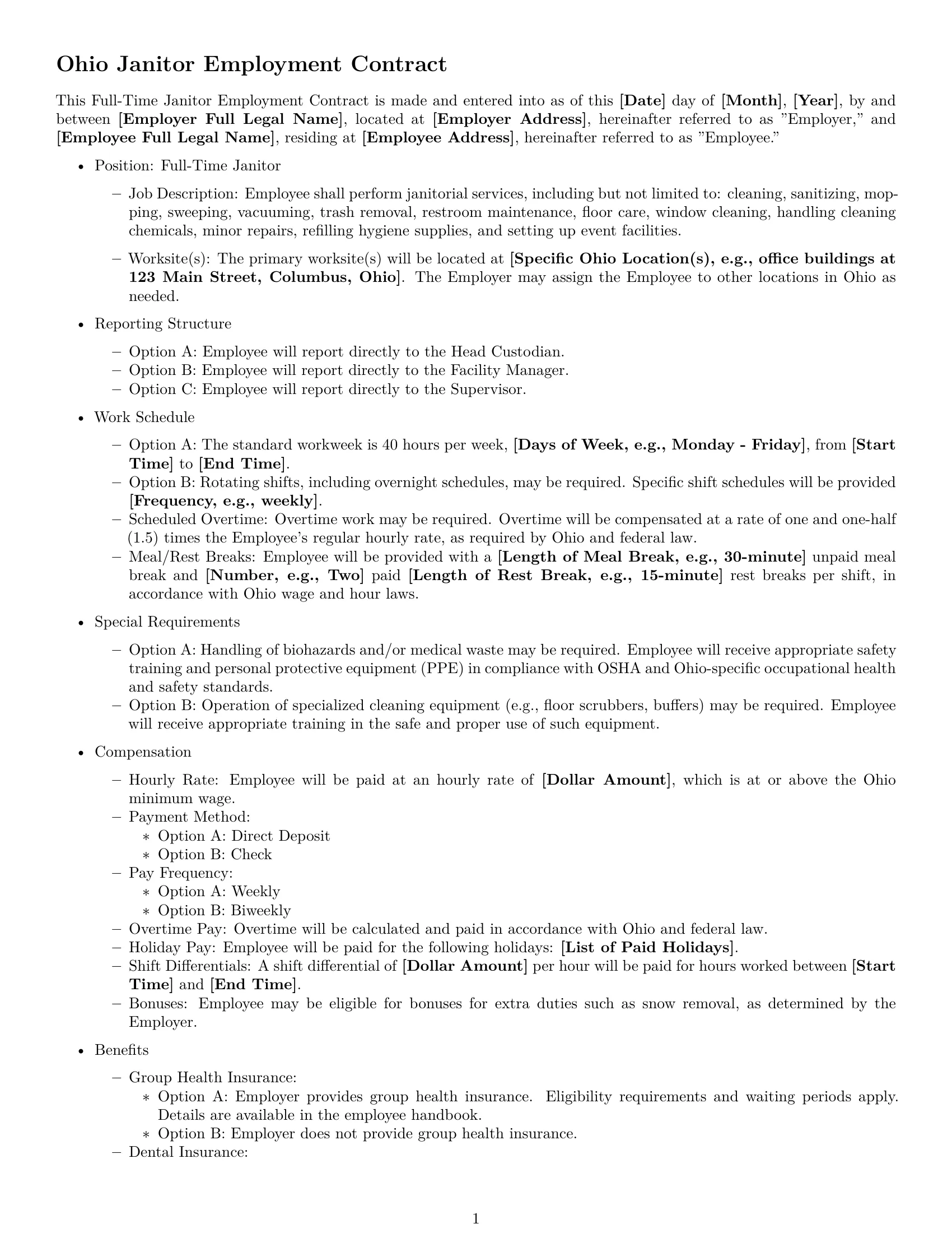 Preview page 1 of Free Ohio janitor employment contract template