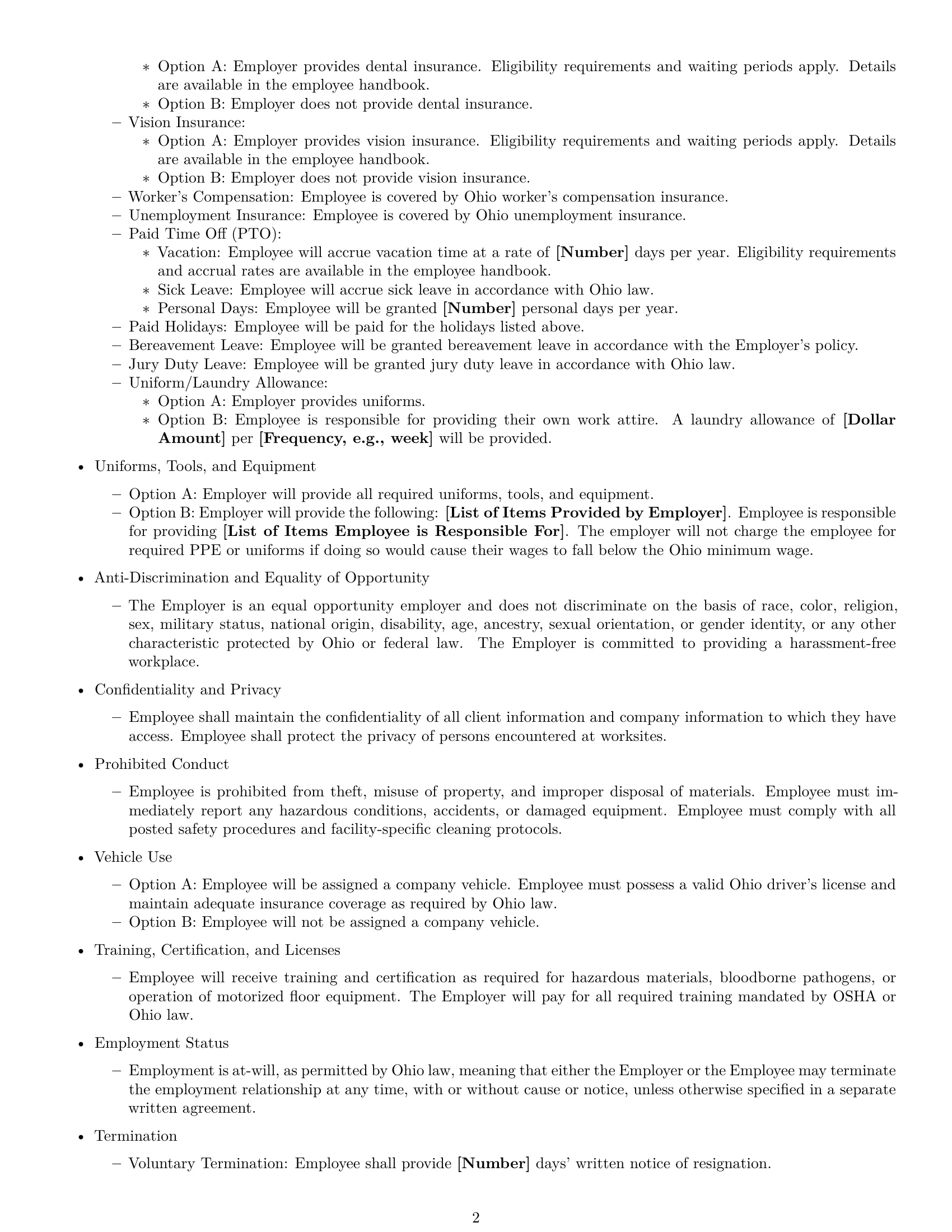 Preview page 2 of Free Ohio janitor employment contract template