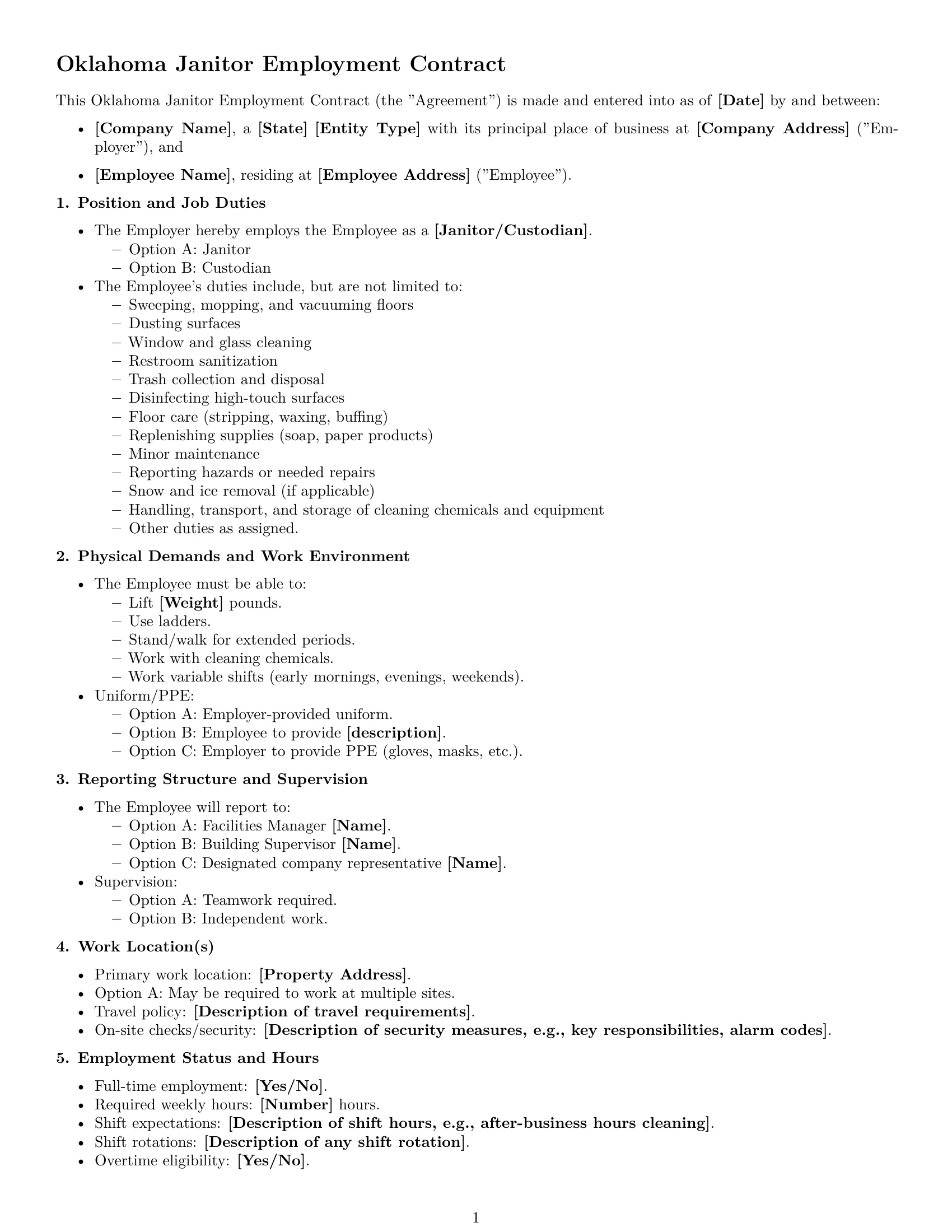 Preview page 1 of Free Oklahoma janitor employment contract template