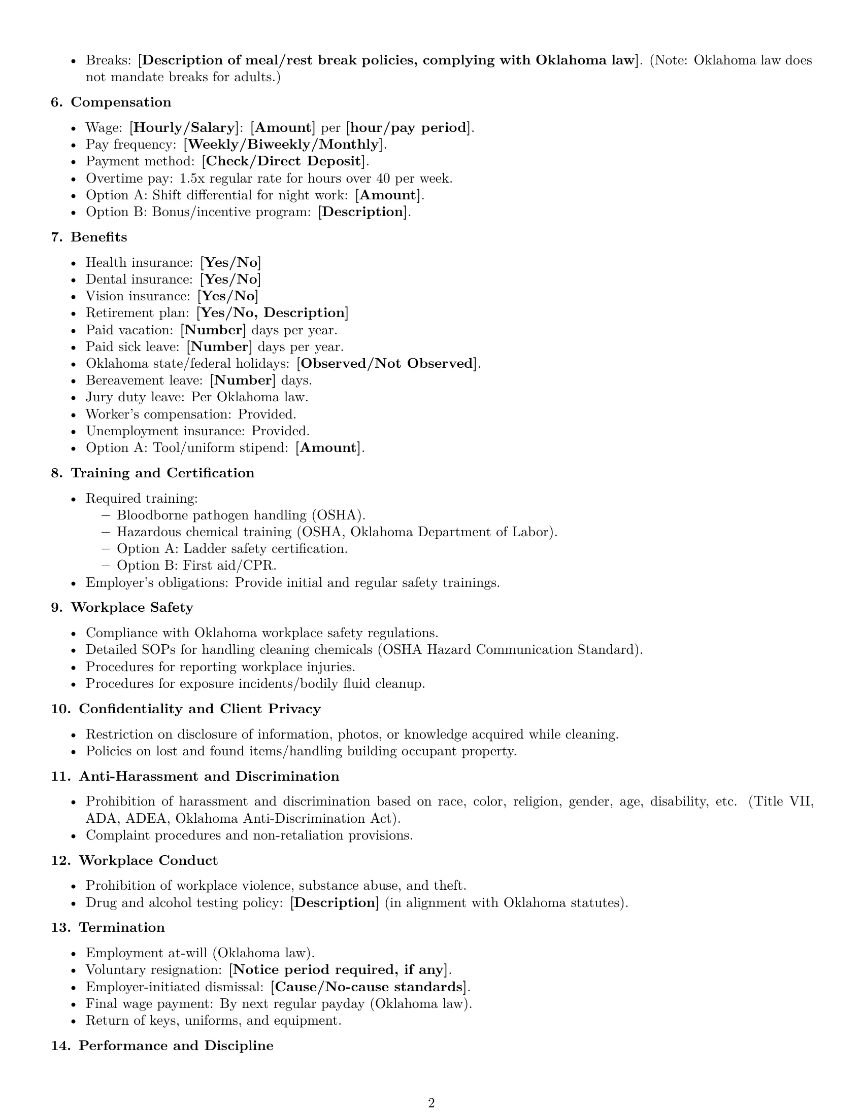 Preview page 2 of Free Oklahoma janitor employment contract template