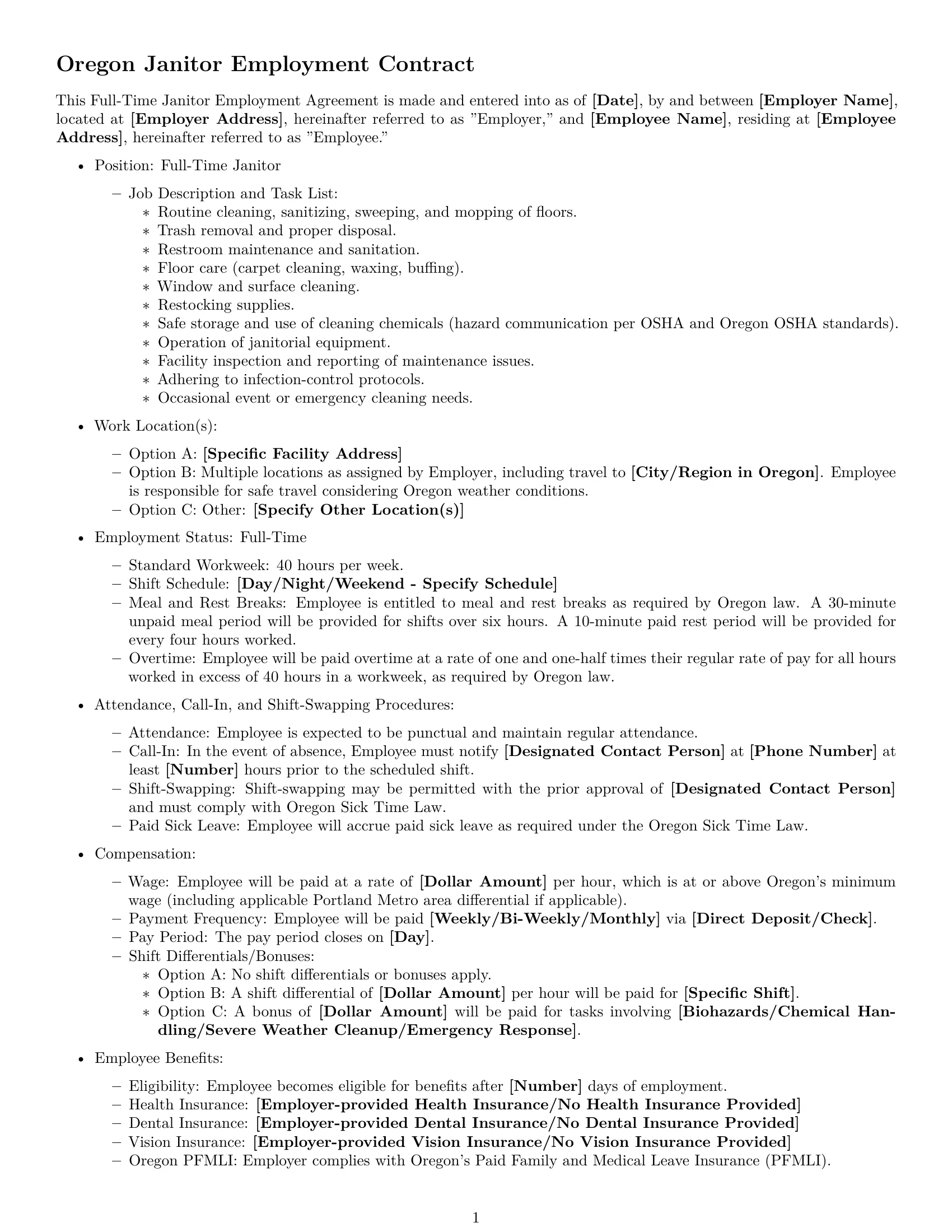 Preview page 1 of Free Oregon janitor employment contract template
