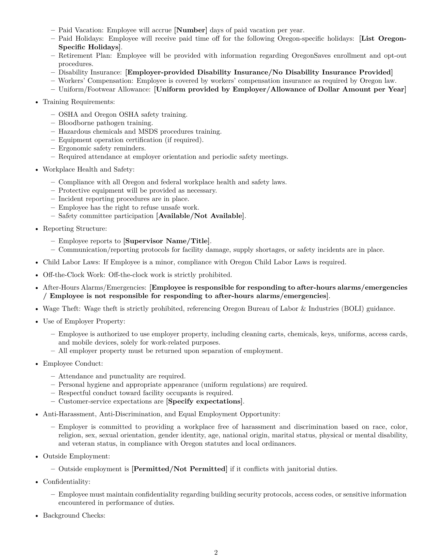Preview page 2 of Free Oregon janitor employment contract template