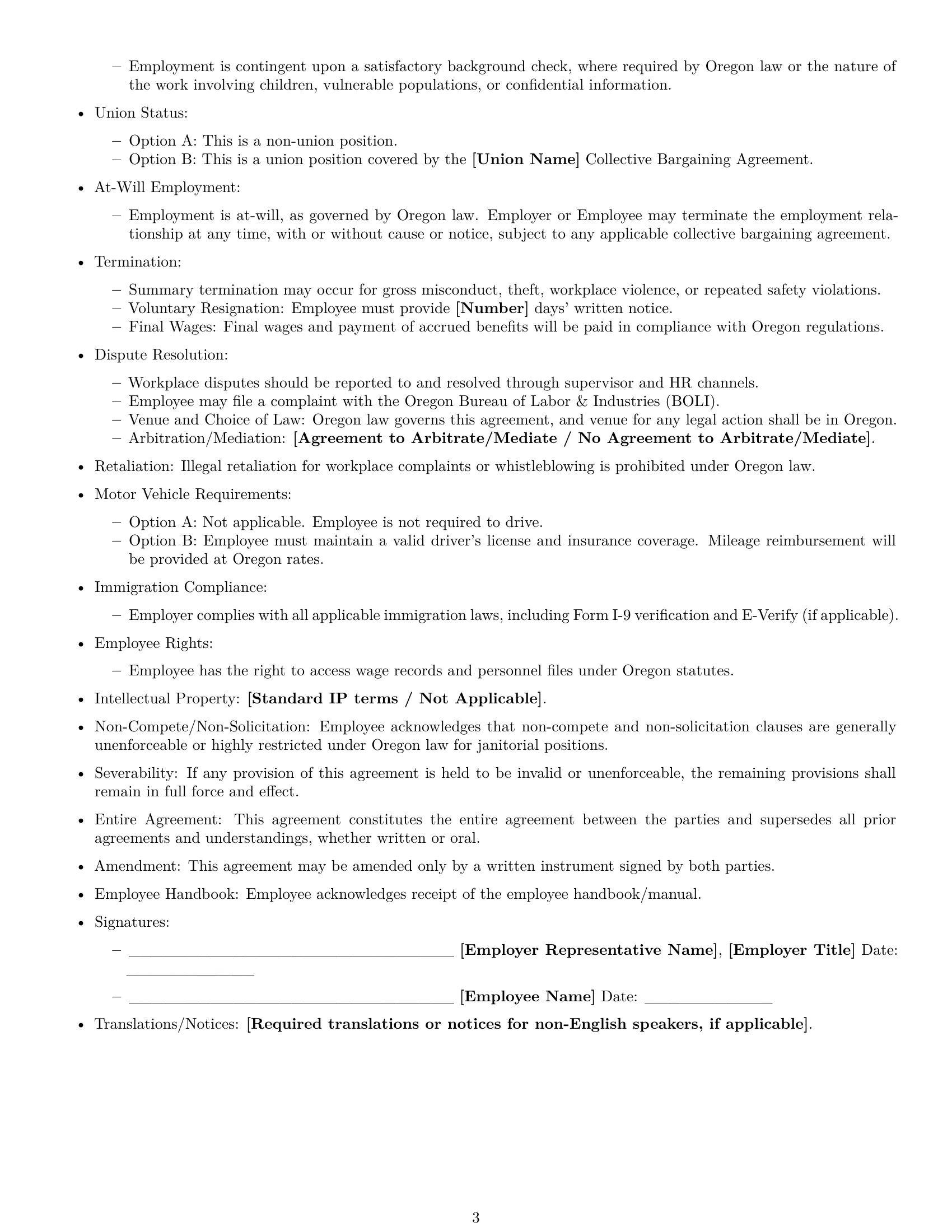 Preview page 3 of Free Oregon janitor employment contract template