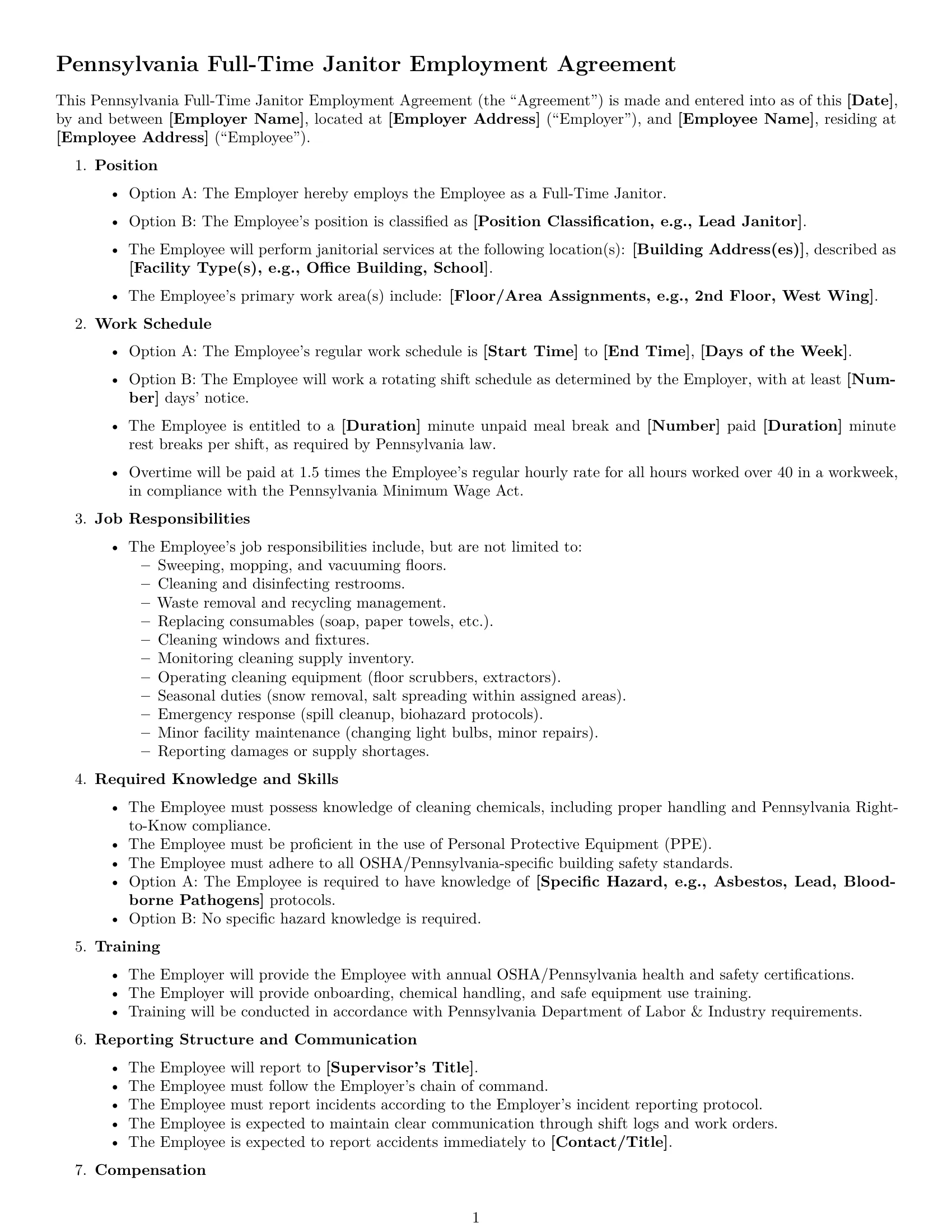 Preview page 1 of Free Pennsylvania janitor employment contract template
