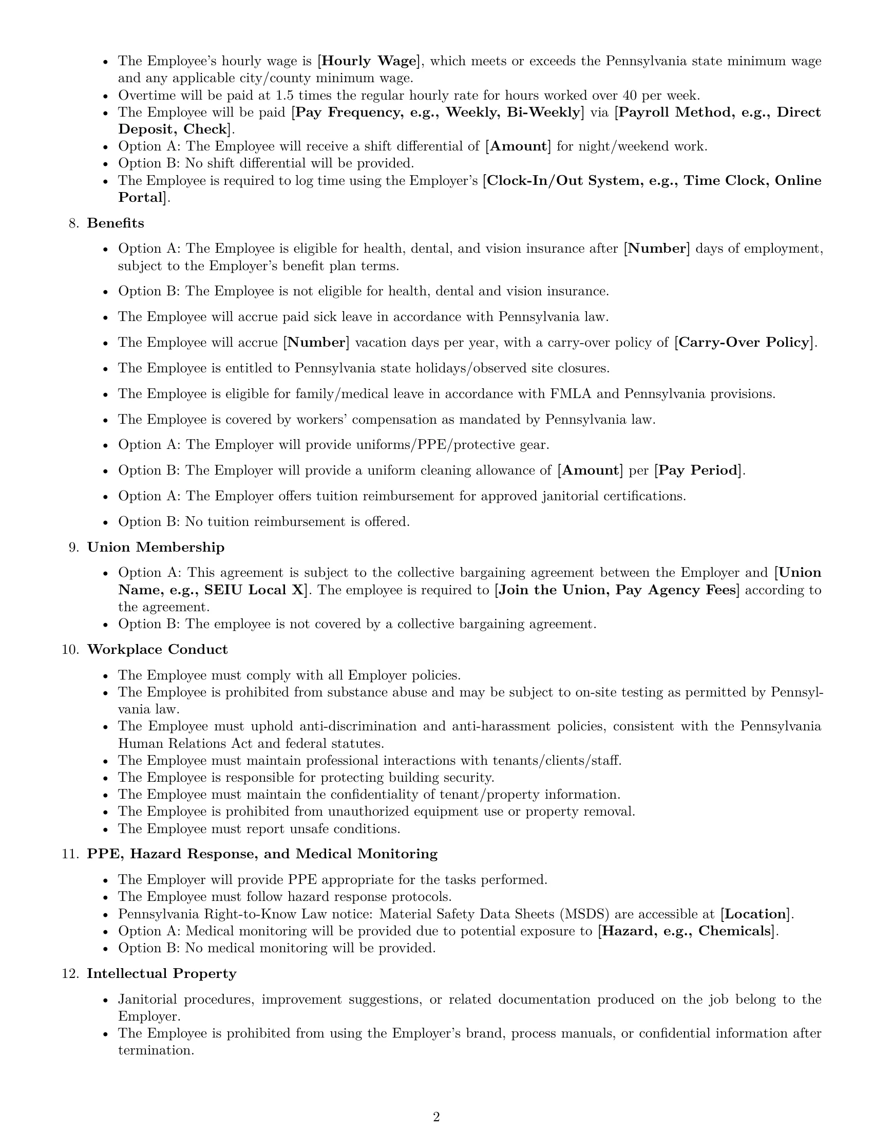 Preview page 2 of Free Pennsylvania janitor employment contract template