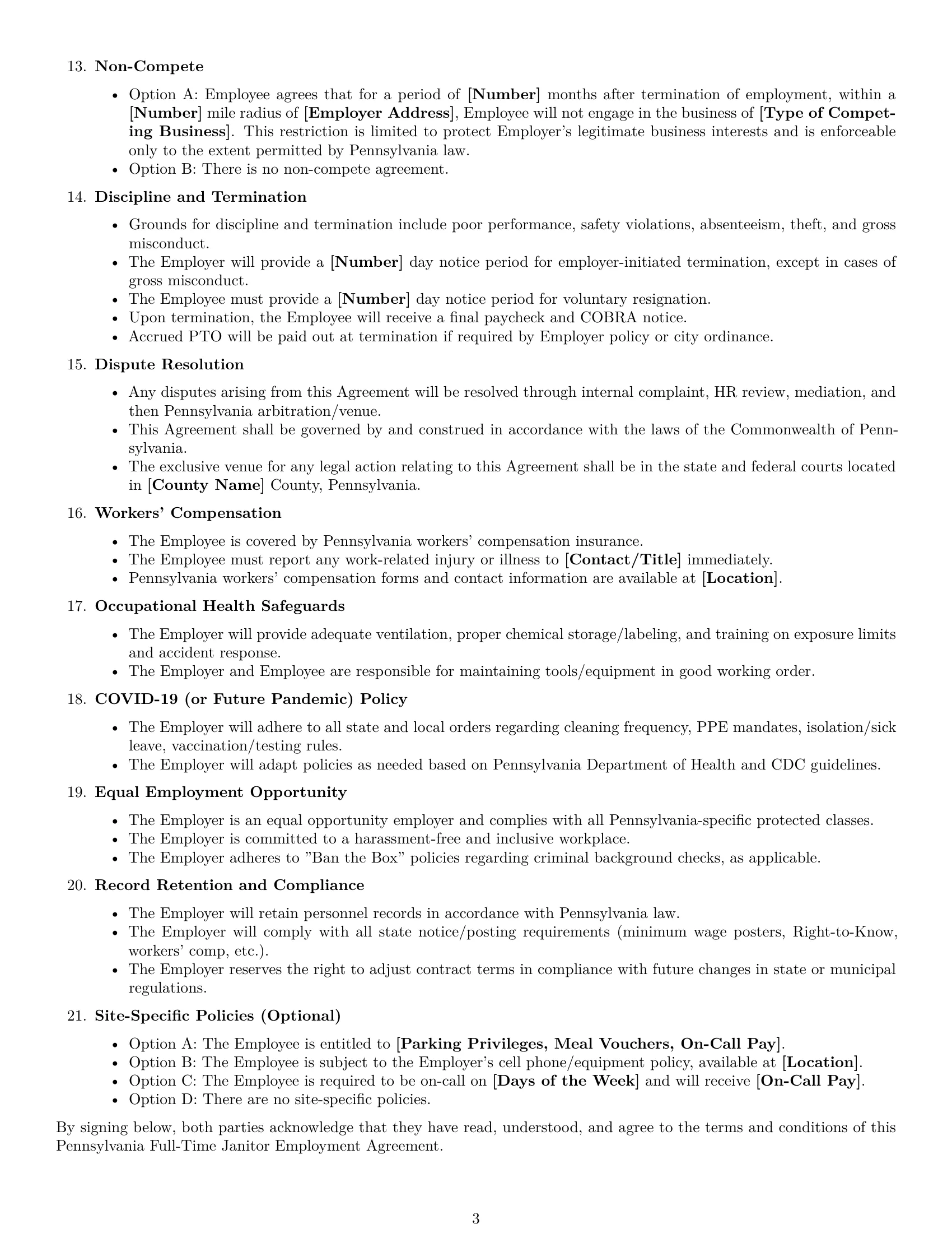 Preview page 3 of Free Pennsylvania janitor employment contract template