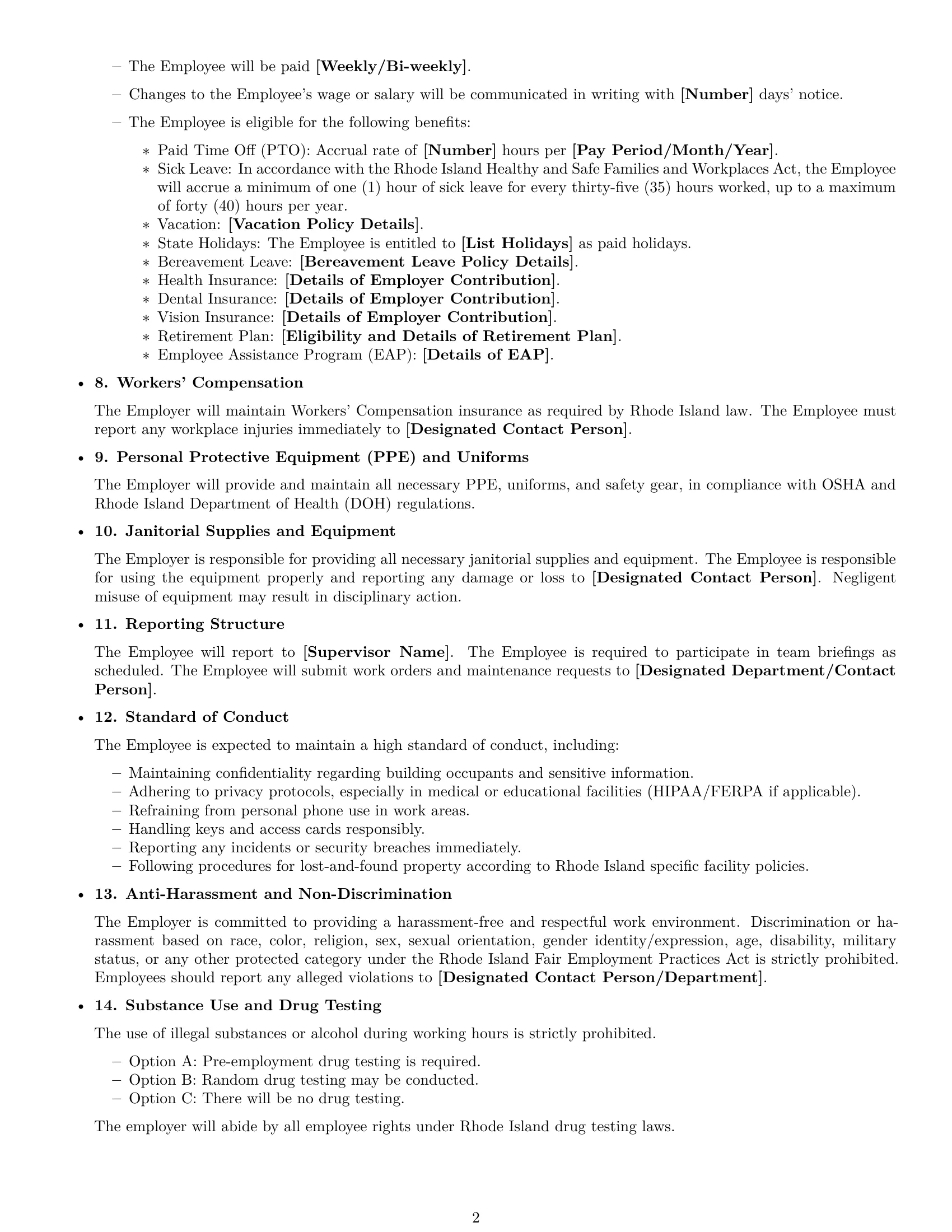 Preview page 2 of Free Rhode Island janitor employment contract template
