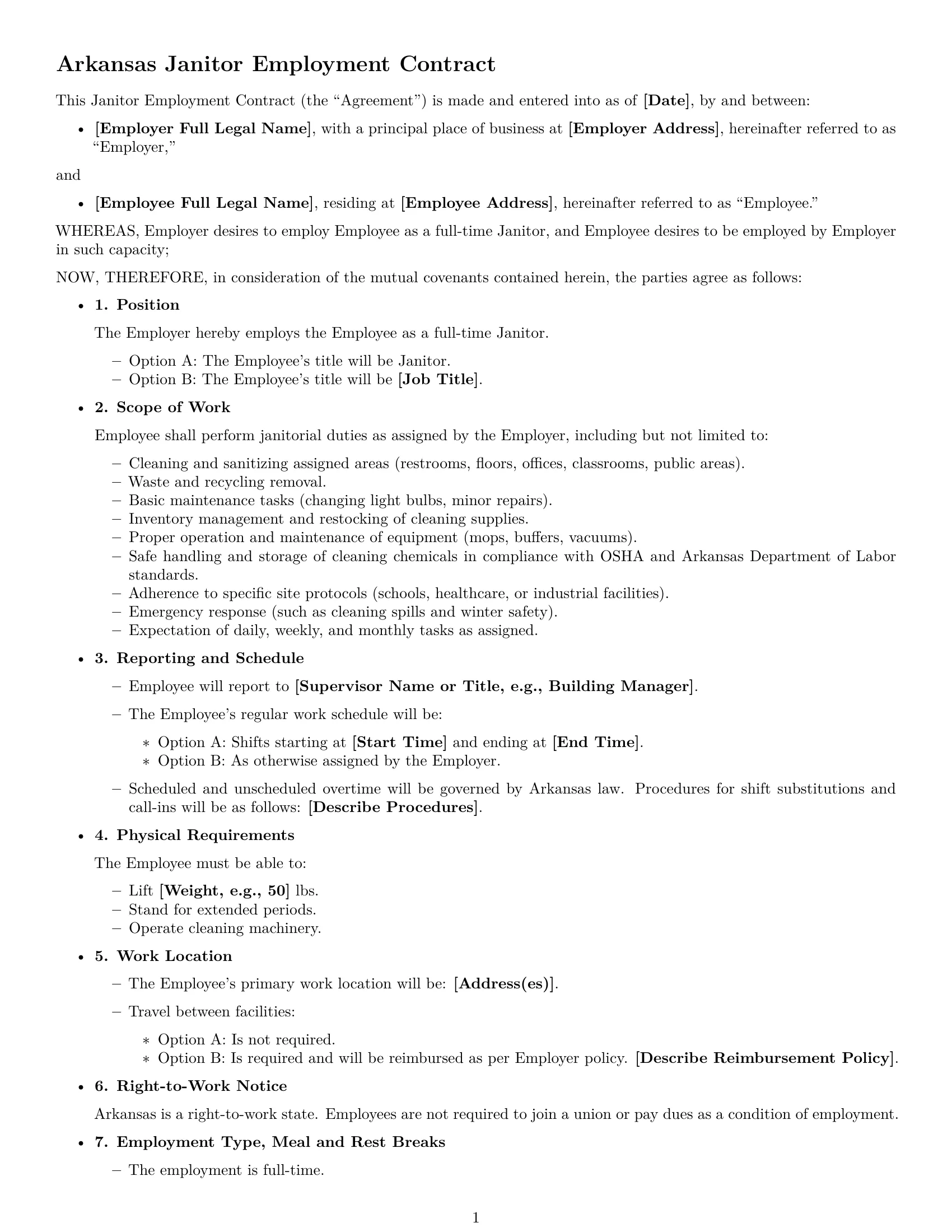 Preview page 1 of Free Arkansas janitor employment contract template