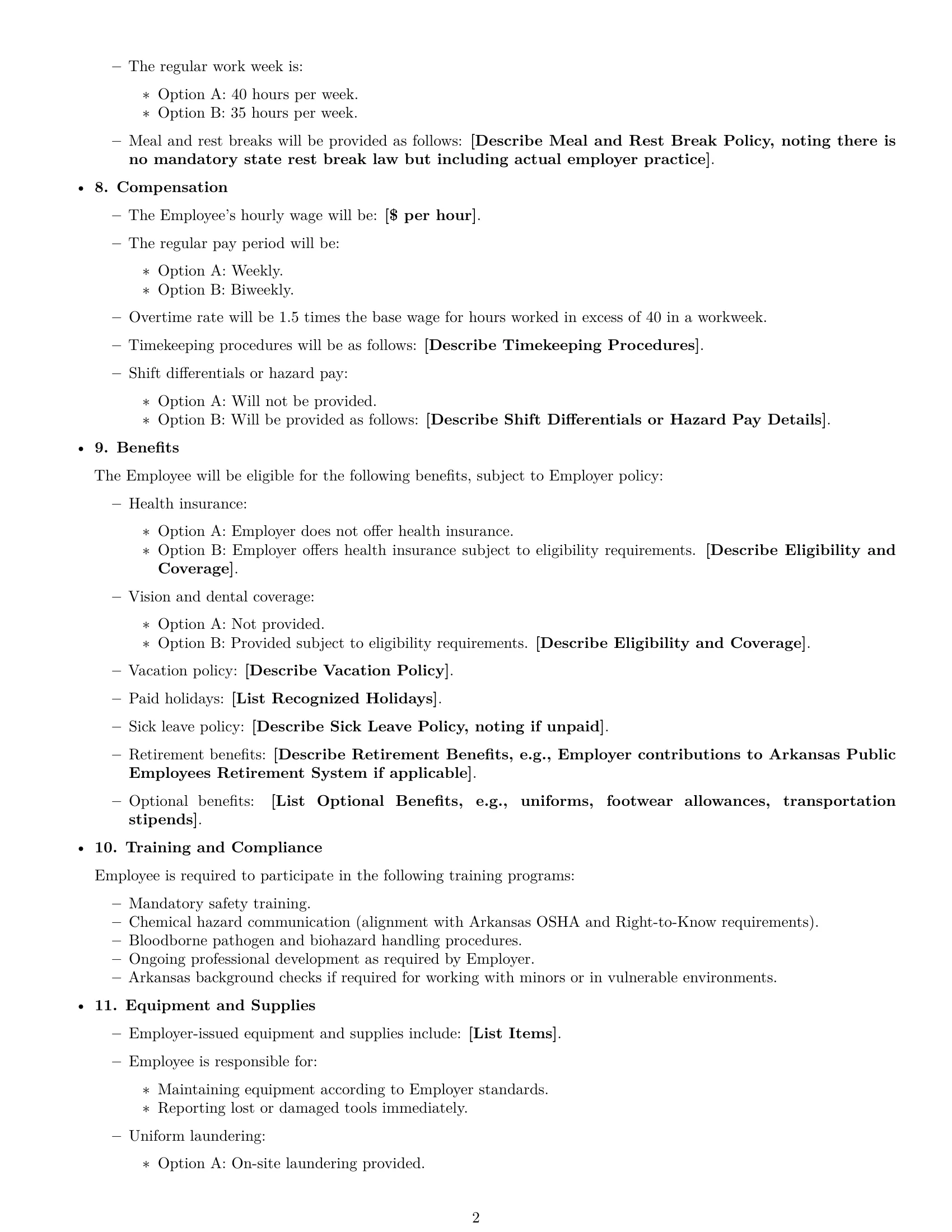 Preview page 2 of Free Arkansas janitor employment contract template