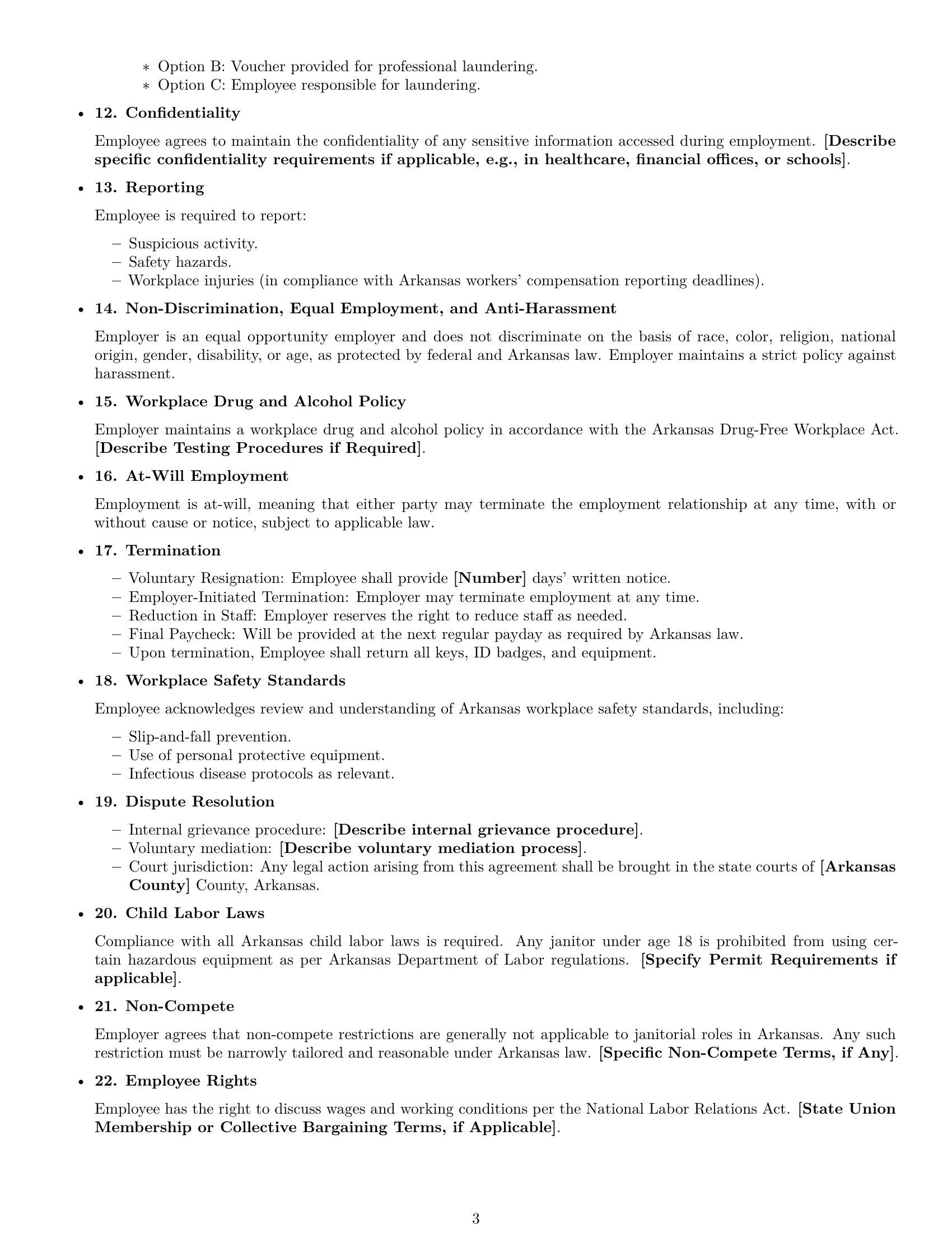 Preview page 3 of Free Arkansas janitor employment contract template