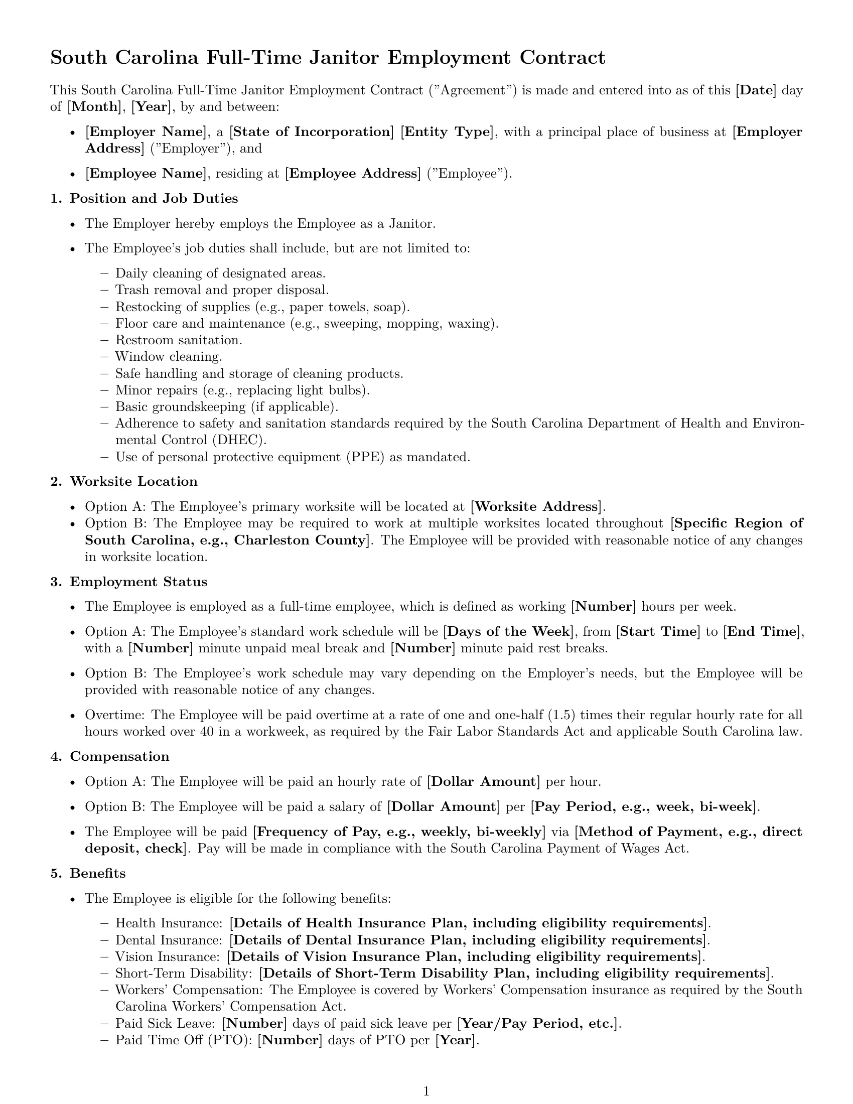 Preview page 1 of Free South Carolina janitor employment contract template