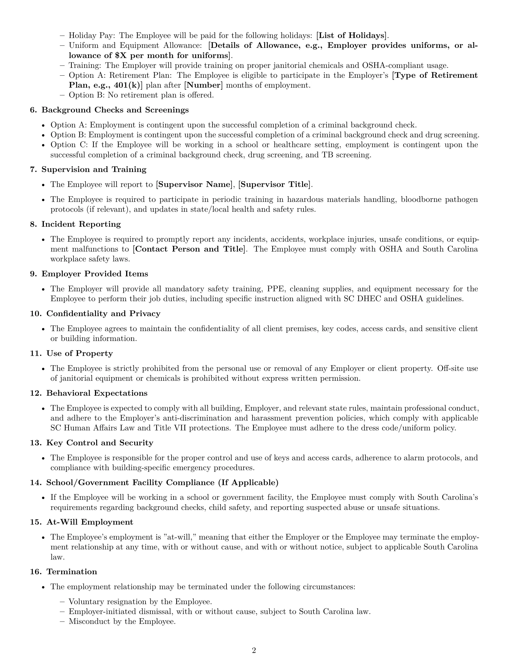 Preview page 2 of Free South Carolina janitor employment contract template