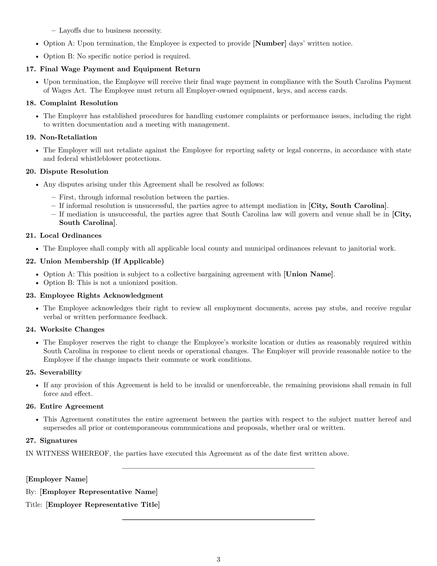 Preview page 3 of Free South Carolina janitor employment contract template