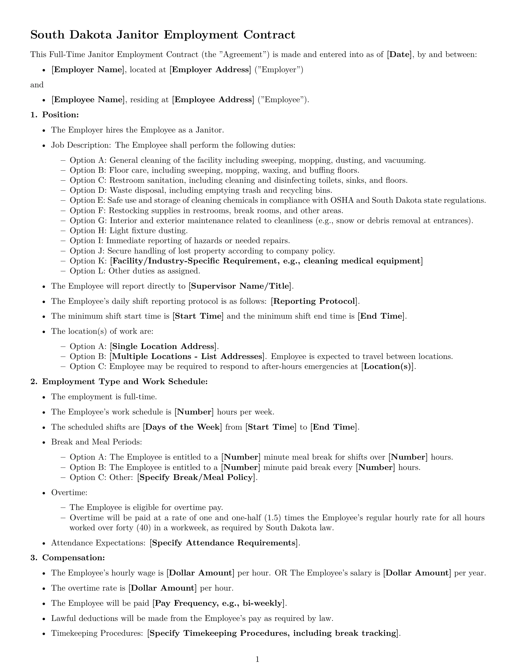Preview page 1 of Free South Dakota janitor employment contract template