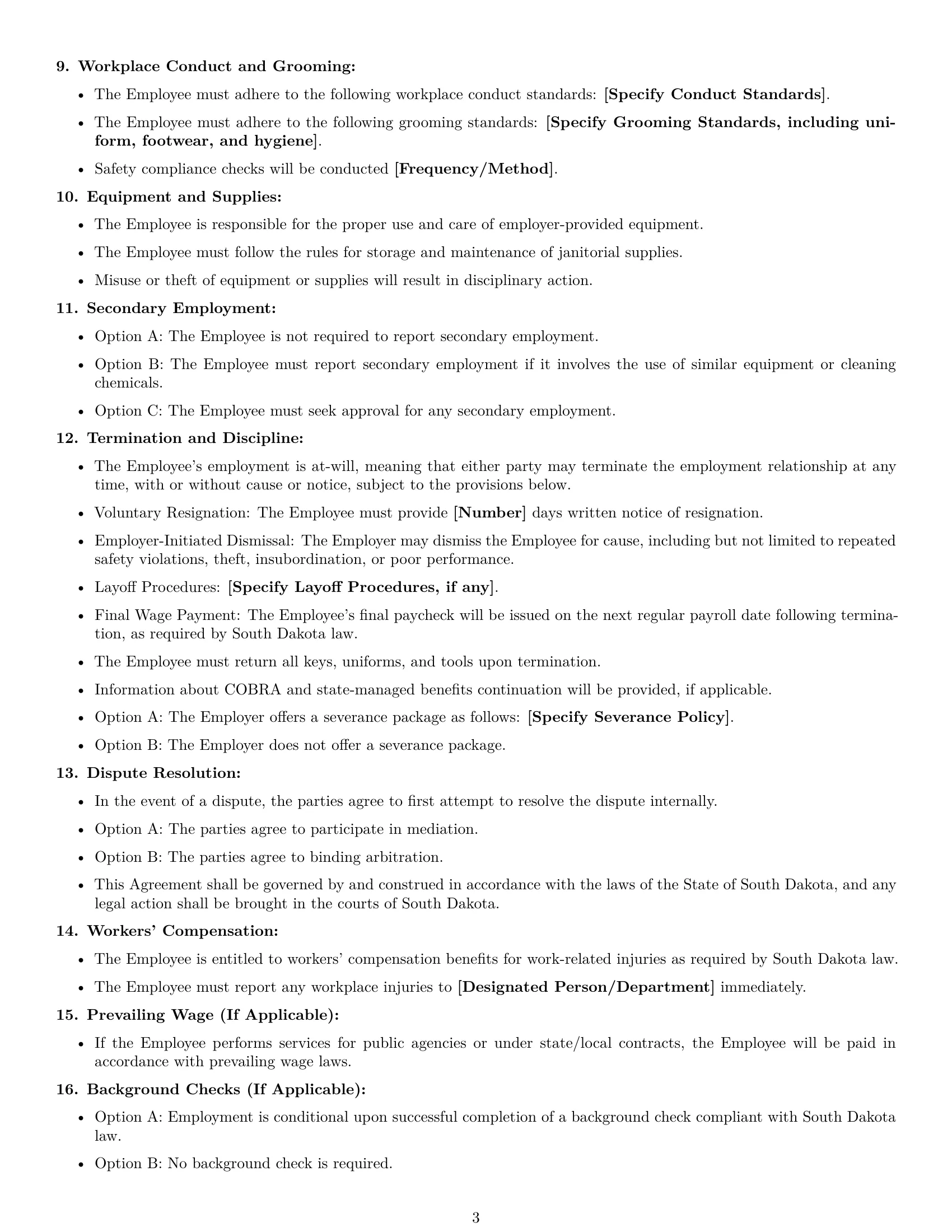 Preview page 3 of Free South Dakota janitor employment contract template