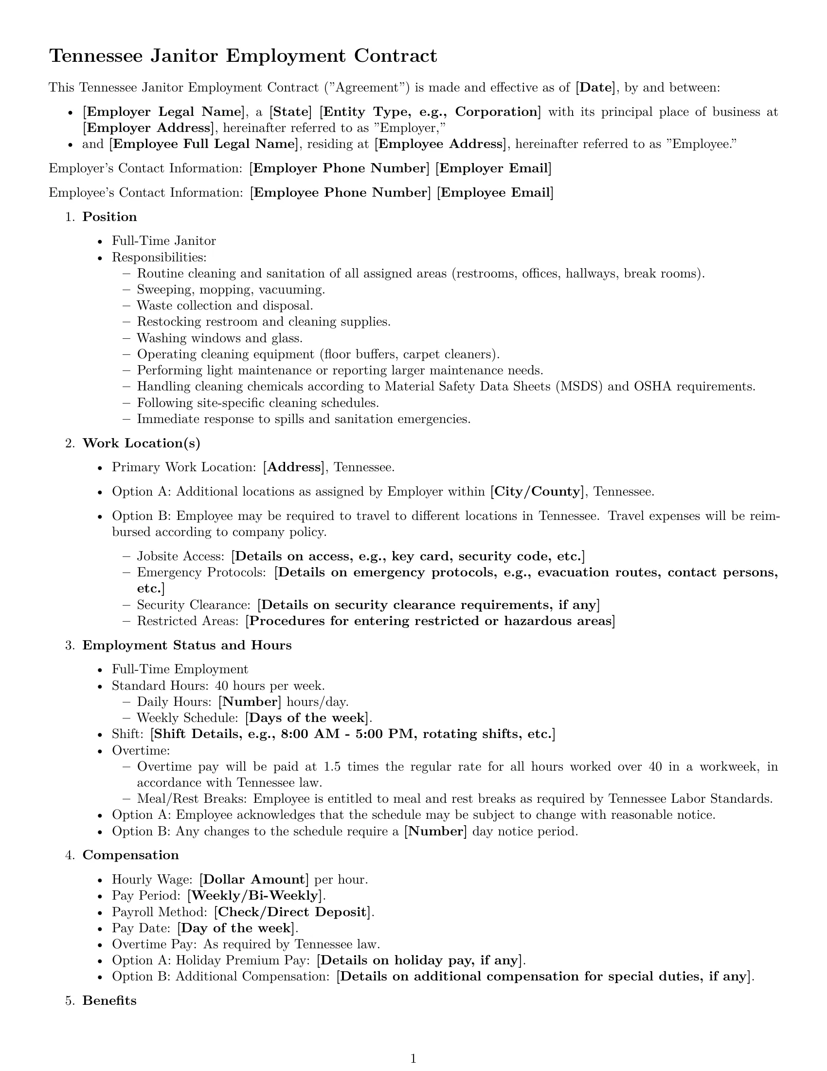 Preview page 1 of Free Tennessee janitor employment contract template