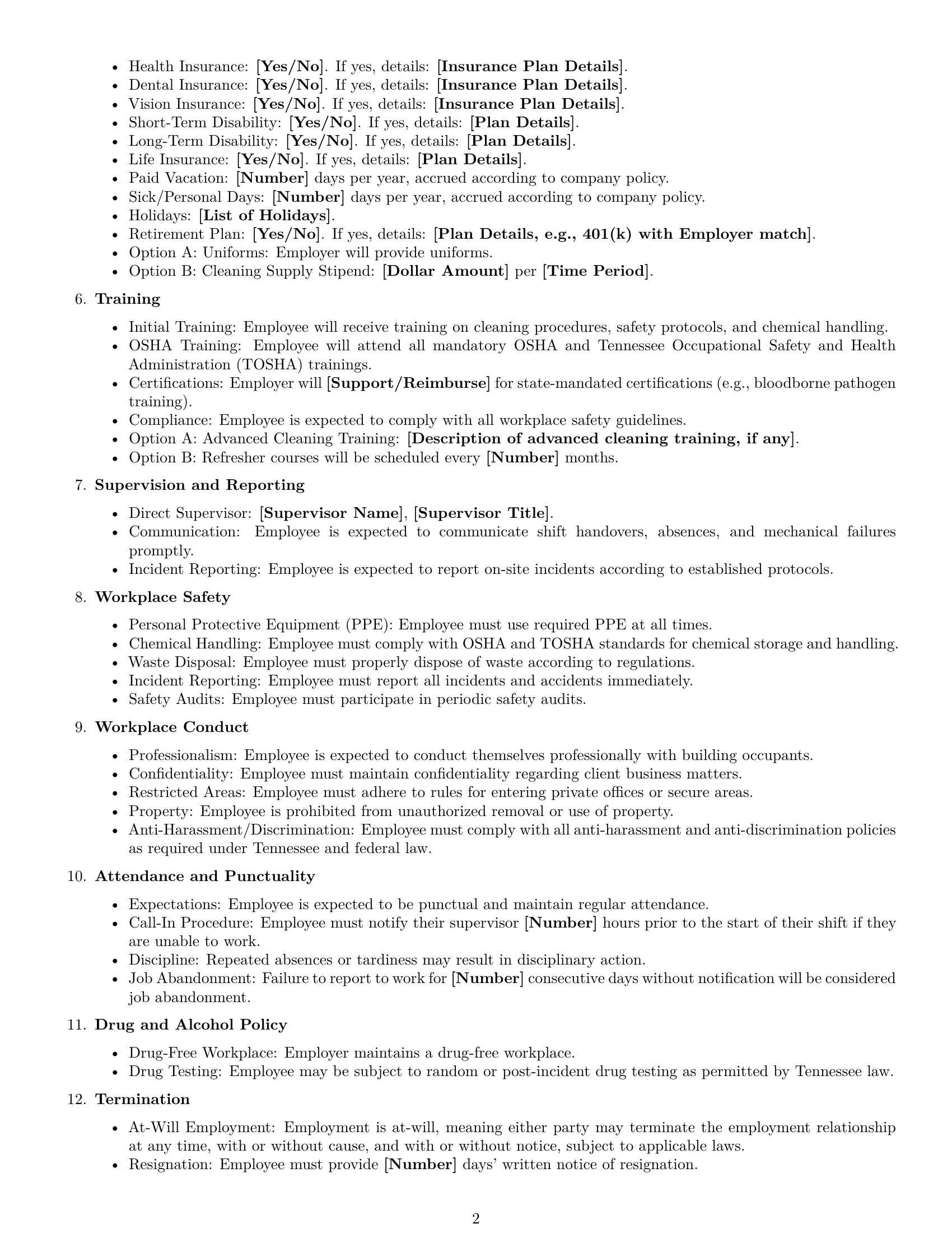 Preview page 2 of Free Tennessee janitor employment contract template