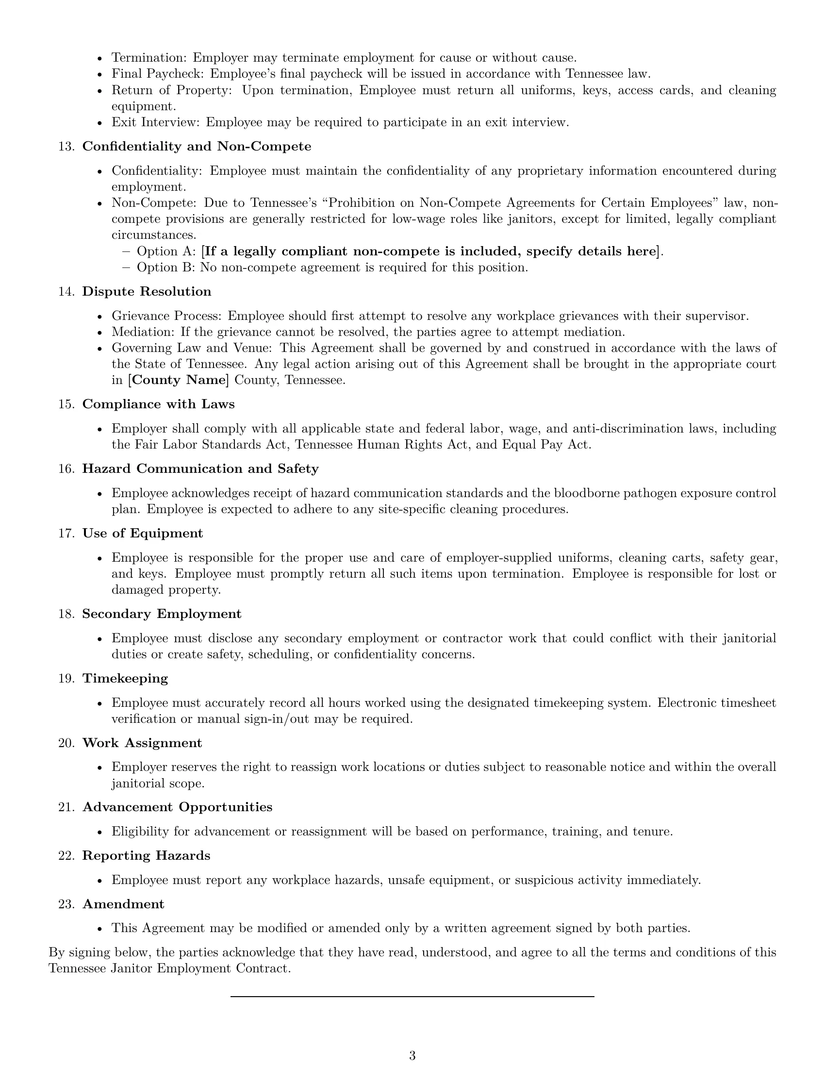Preview page 3 of Free Tennessee janitor employment contract template