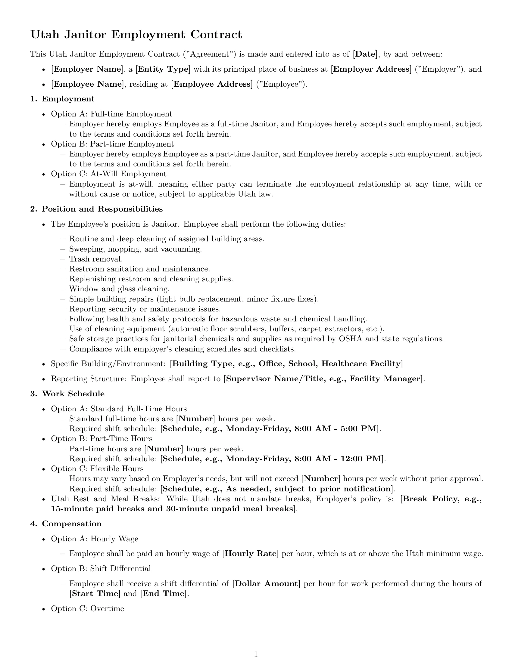 Preview page 1 of Free Utah janitor employment contract template