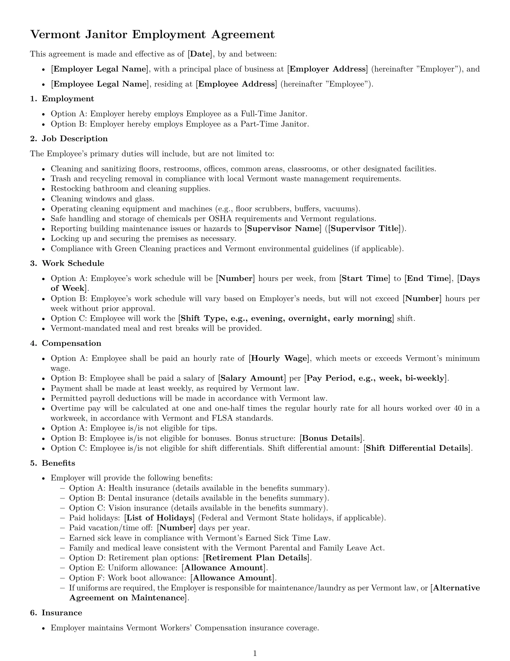 Preview page 1 of Free Vermont janitor employment contract template