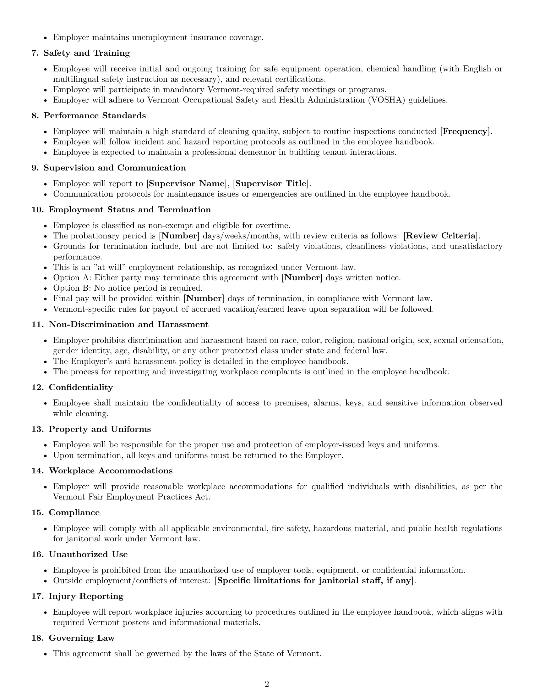 Preview page 2 of Free Vermont janitor employment contract template