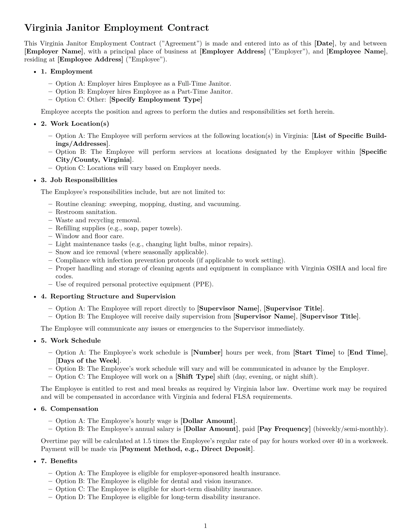 Preview page 1 of Free Virginia janitor employment contract template