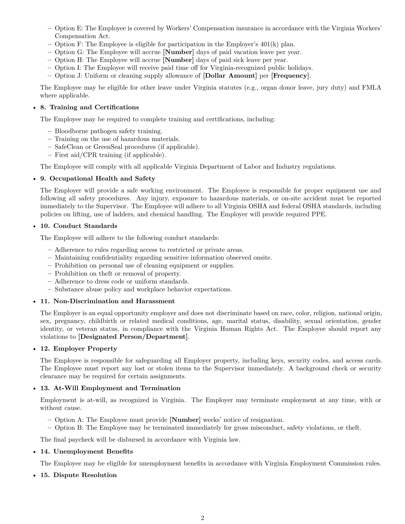 Preview page 2 of Free Virginia janitor employment contract template