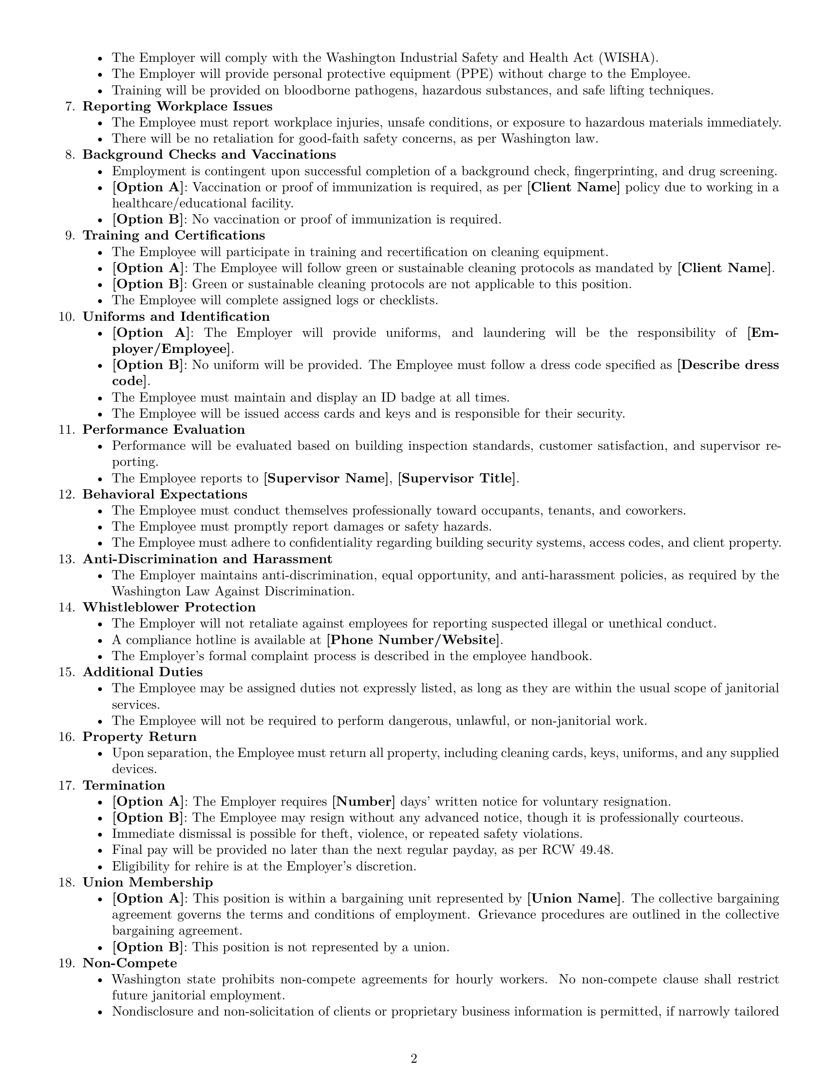 Preview page 2 of Free Washington janitor employment contract template