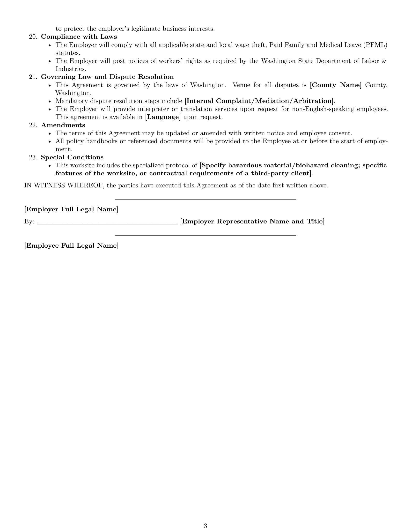 Preview page 3 of Free Washington janitor employment contract template