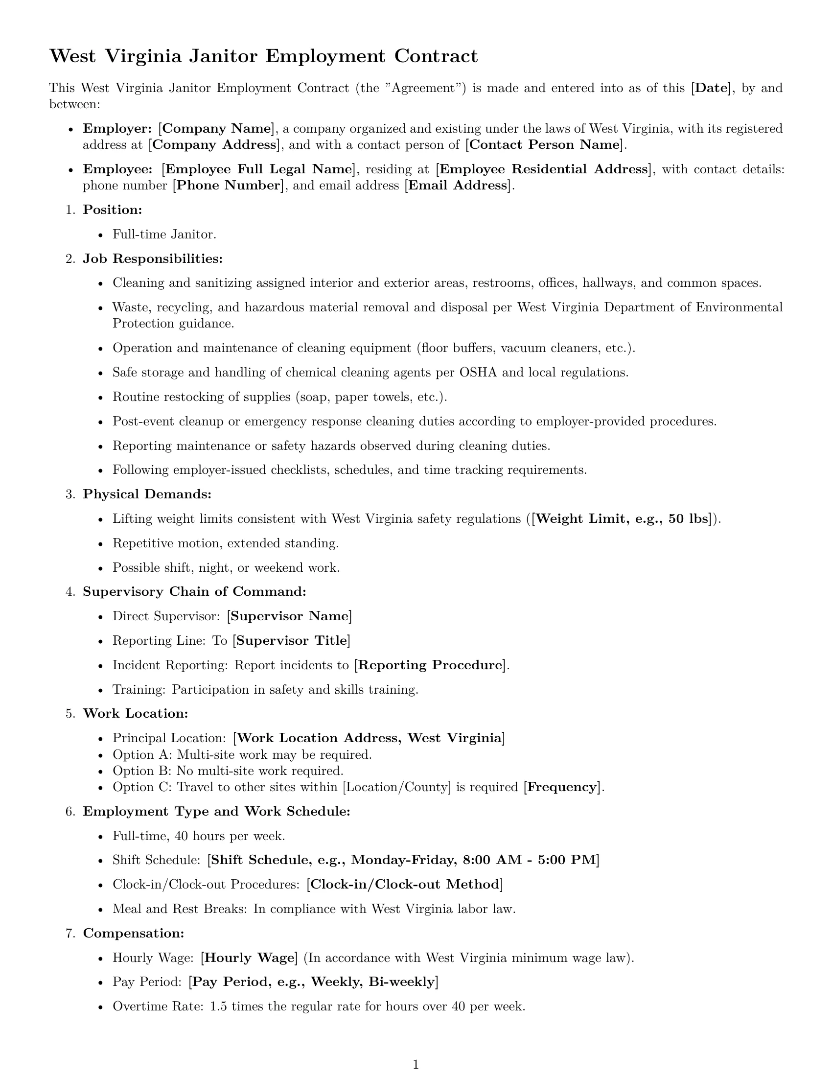 Preview page 1 of Free West Virginia janitor employment contract template