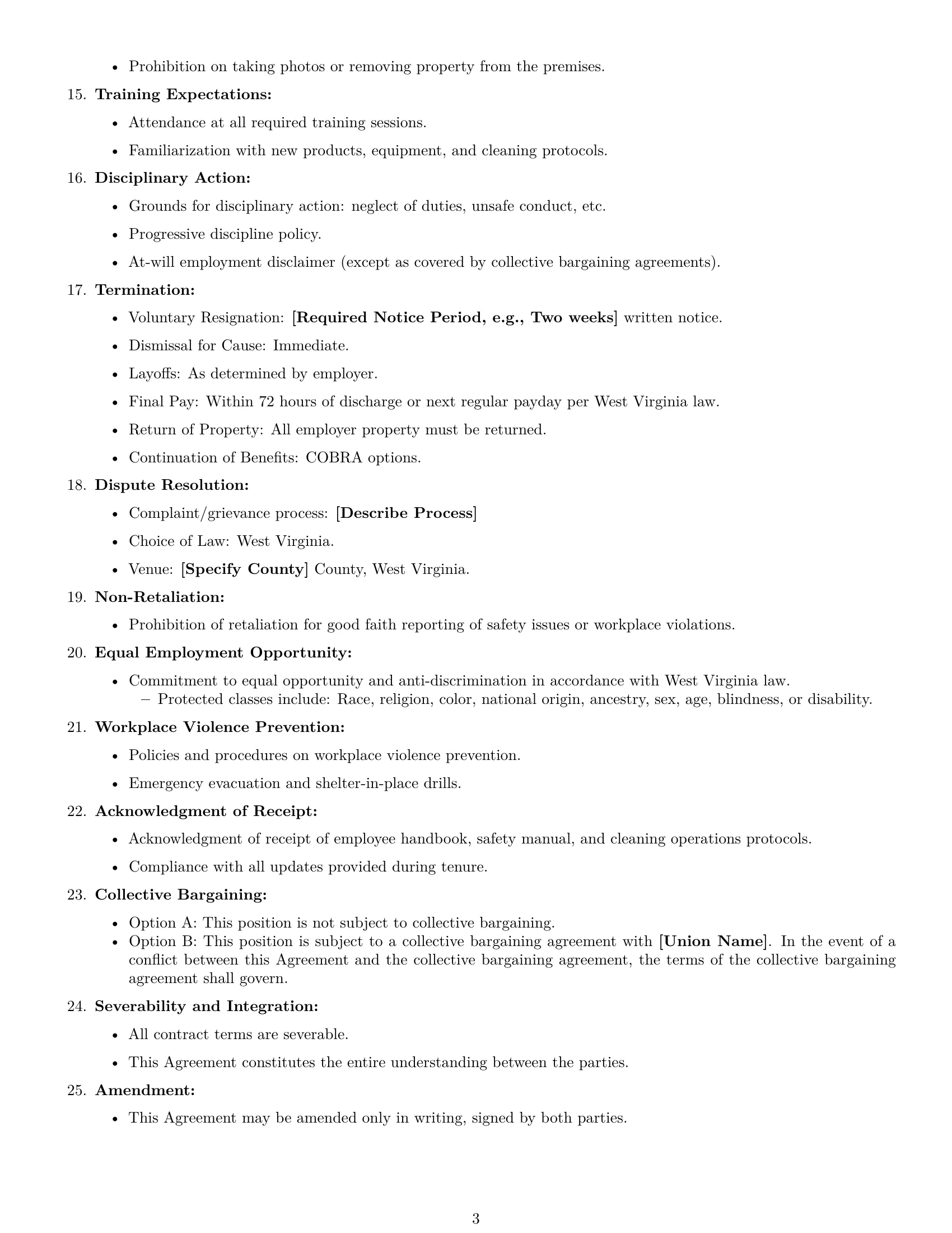 Preview page 3 of Free West Virginia janitor employment contract template