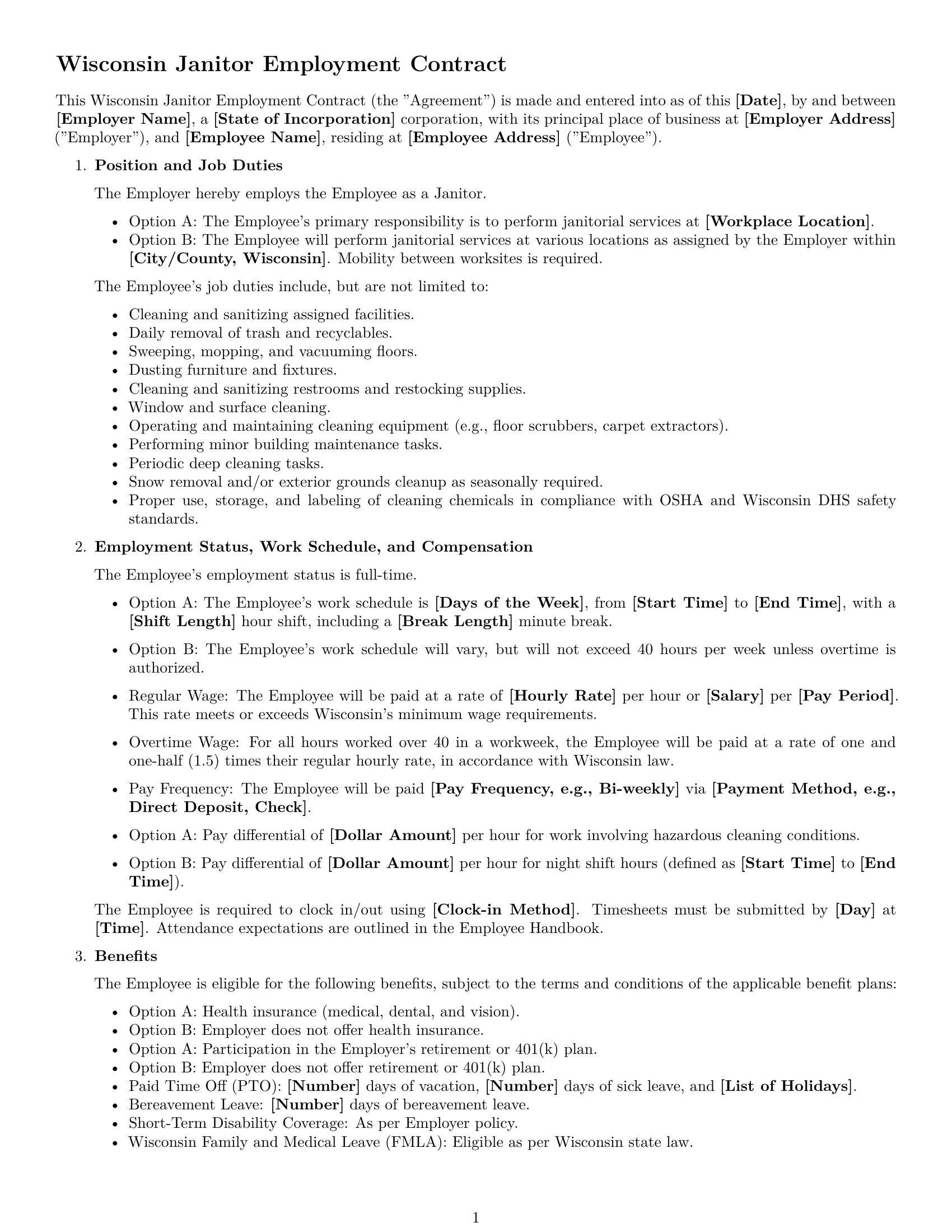 Preview page 1 of Free Wisconsin janitor employment contract template