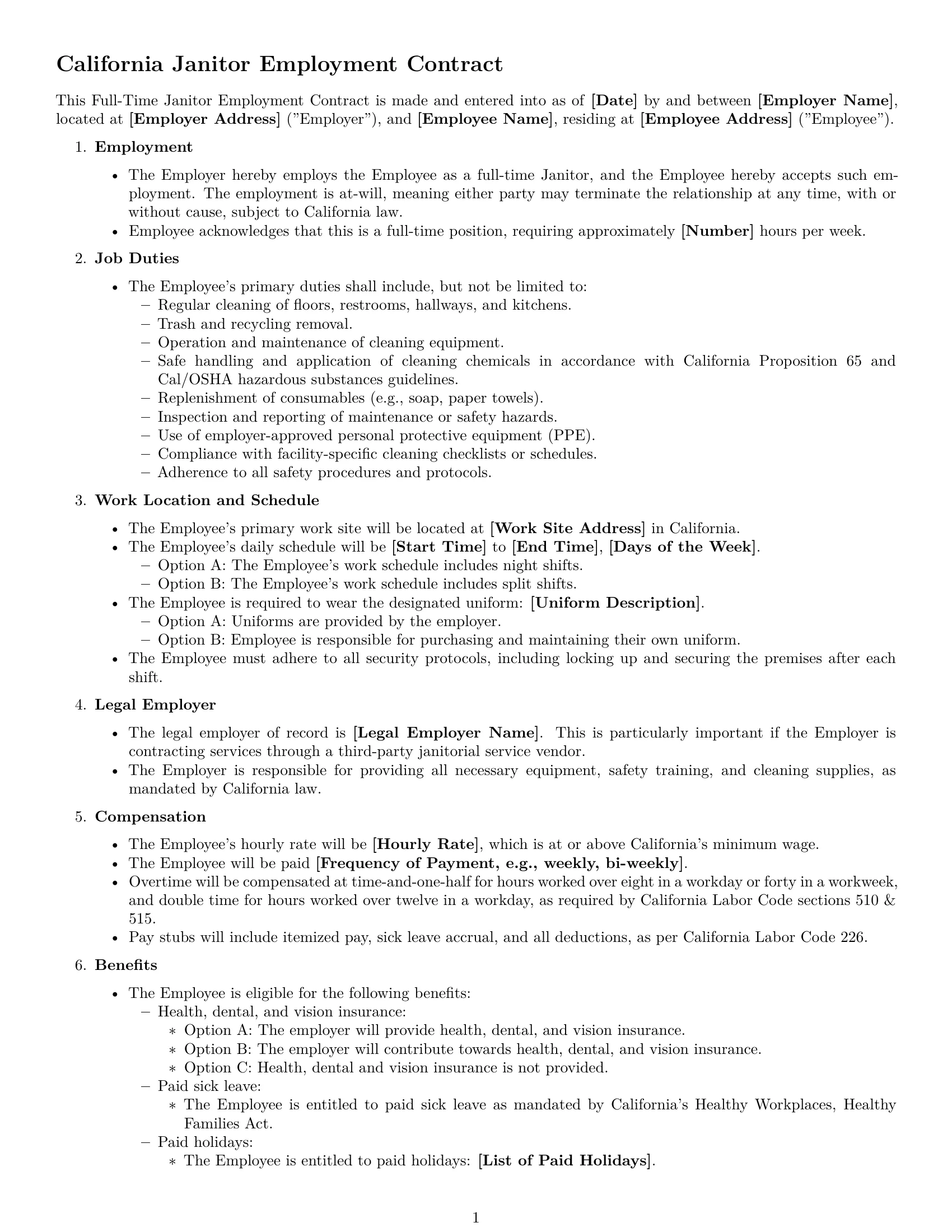 Preview page 1 of Free California janitor employment contract template