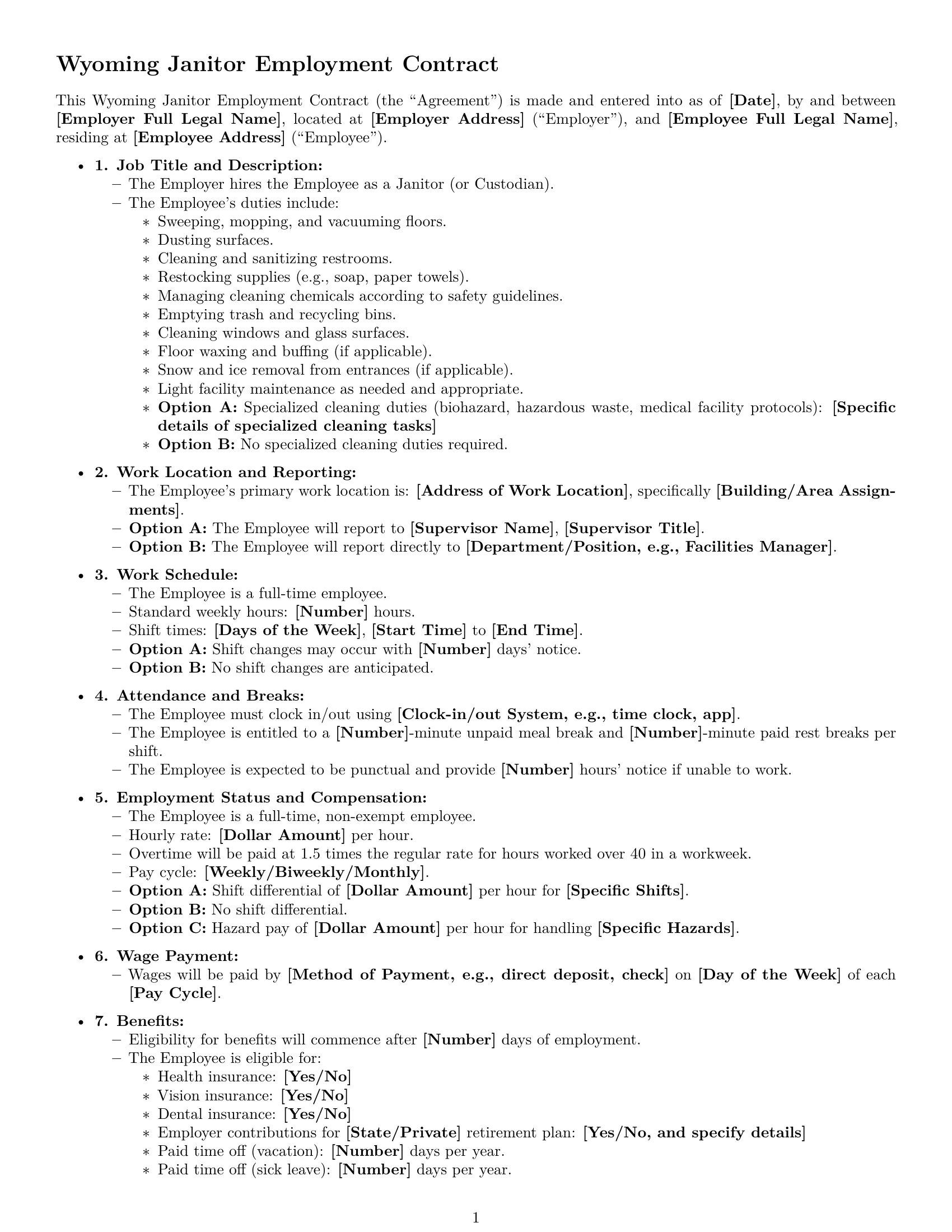 Preview page 1 of Free Wyoming janitor employment contract template