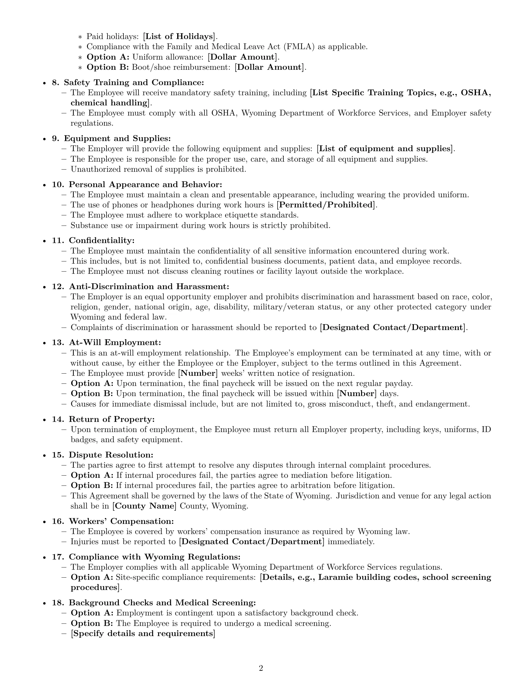 Preview page 2 of Free Wyoming janitor employment contract template