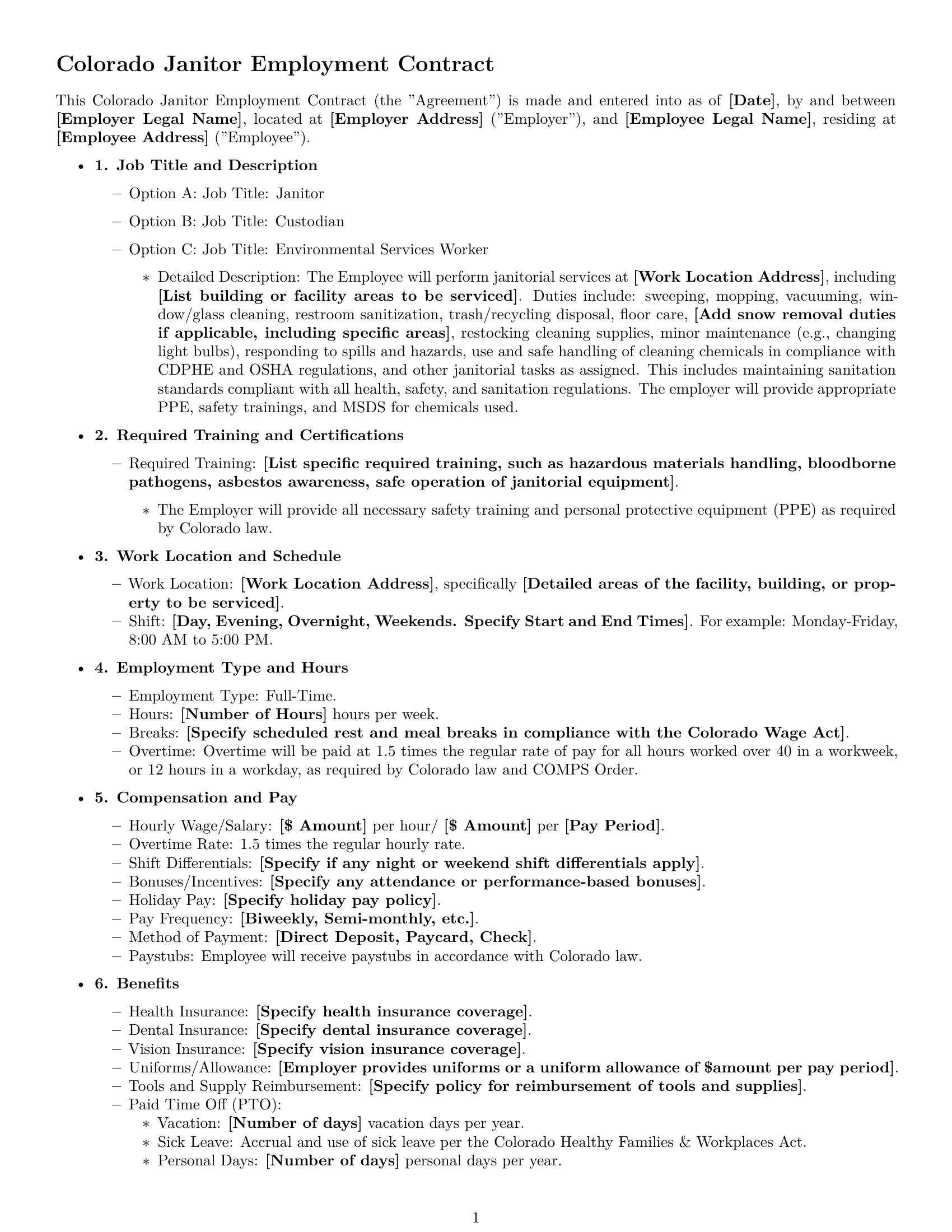 Preview page 1 of Free Colorado janitor employment contract template