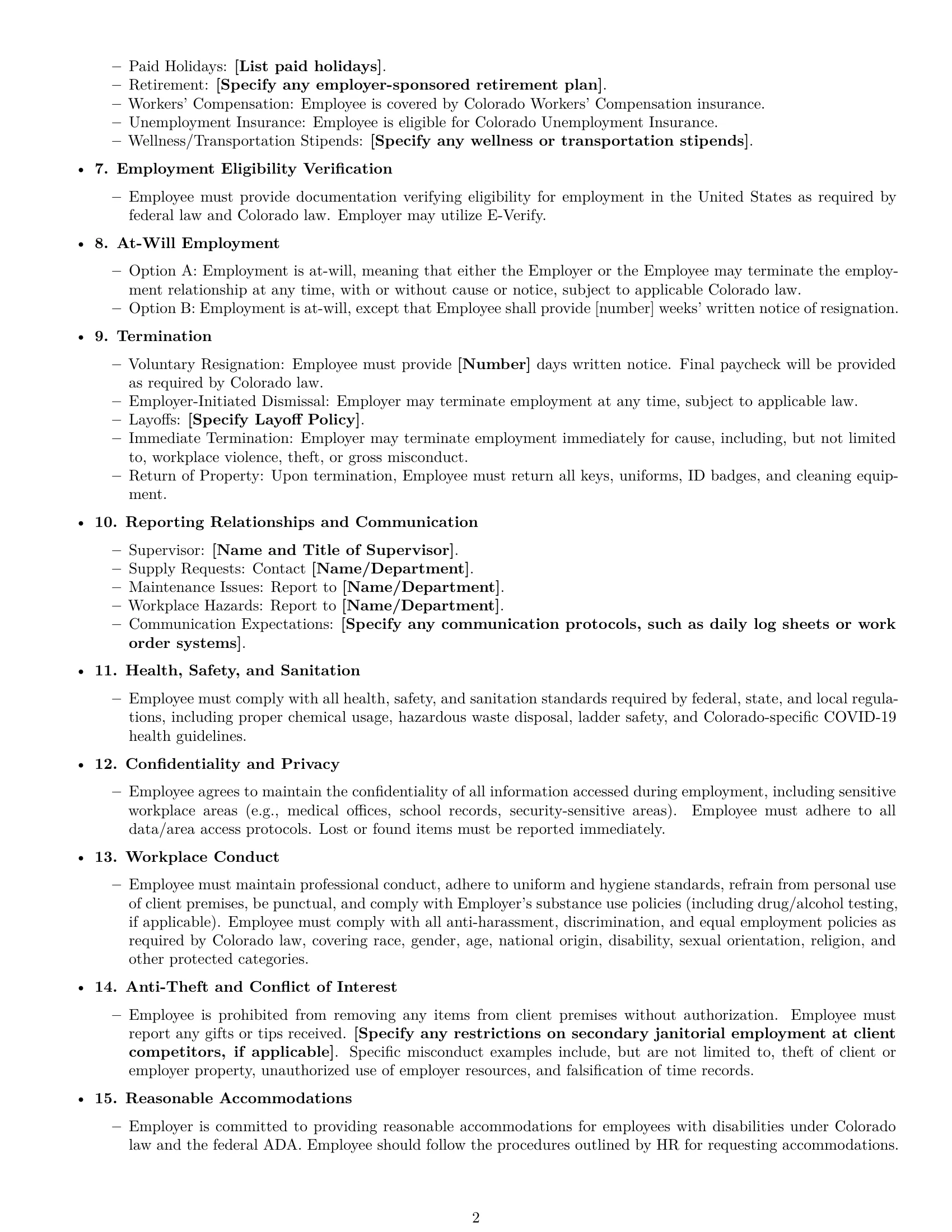Preview page 2 of Free Colorado janitor employment contract template