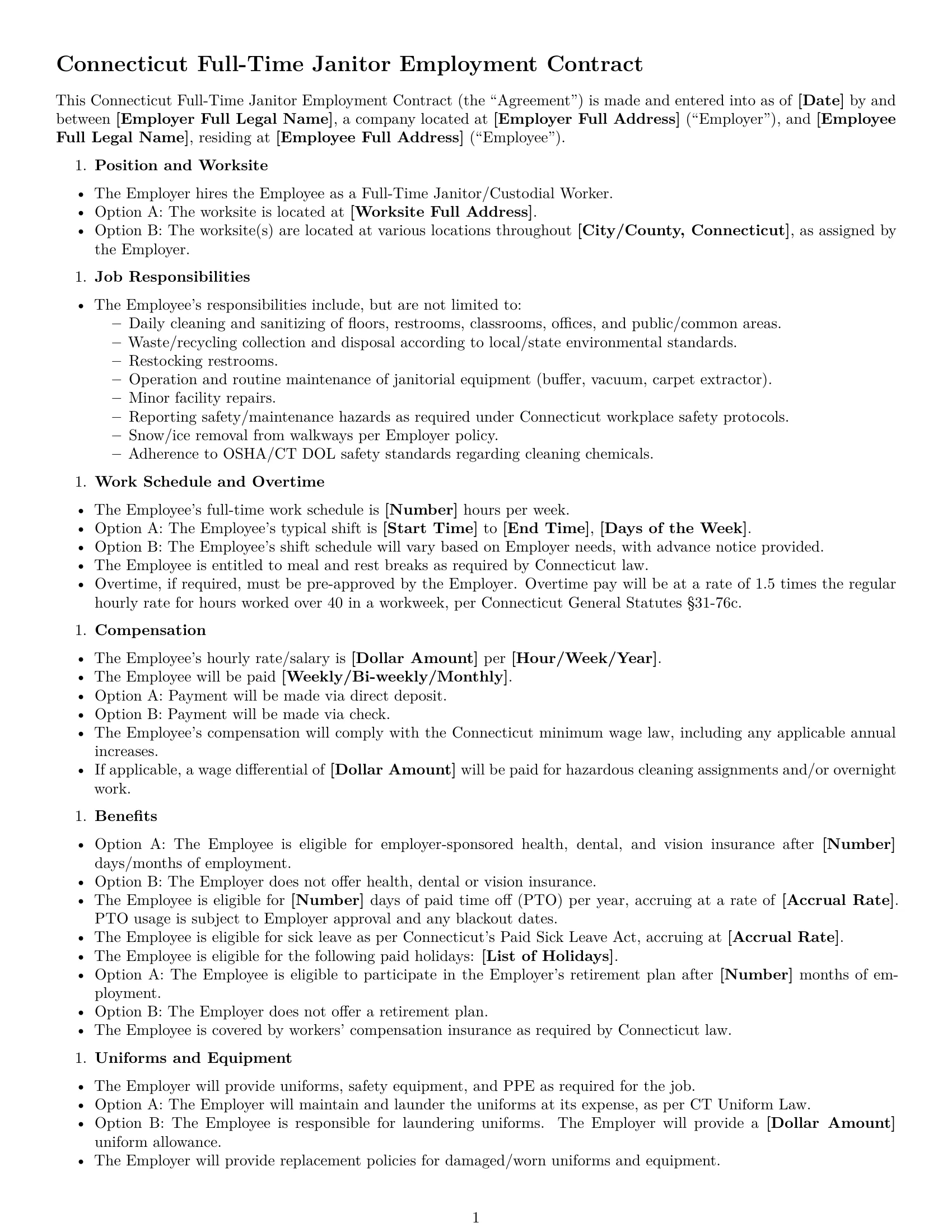 Preview page 1 of Free Connecticut janitor employment contract template