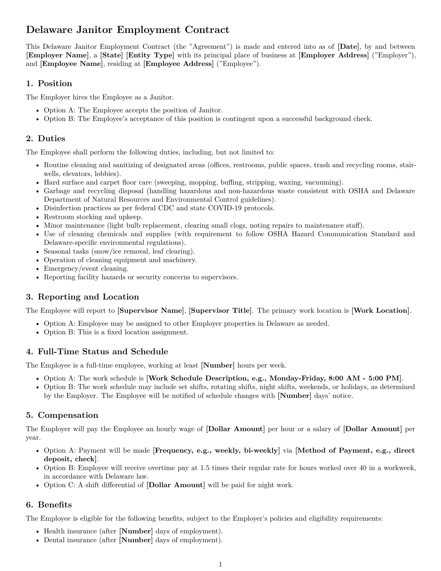 Preview page 1 of Free Delaware janitor employment contract template