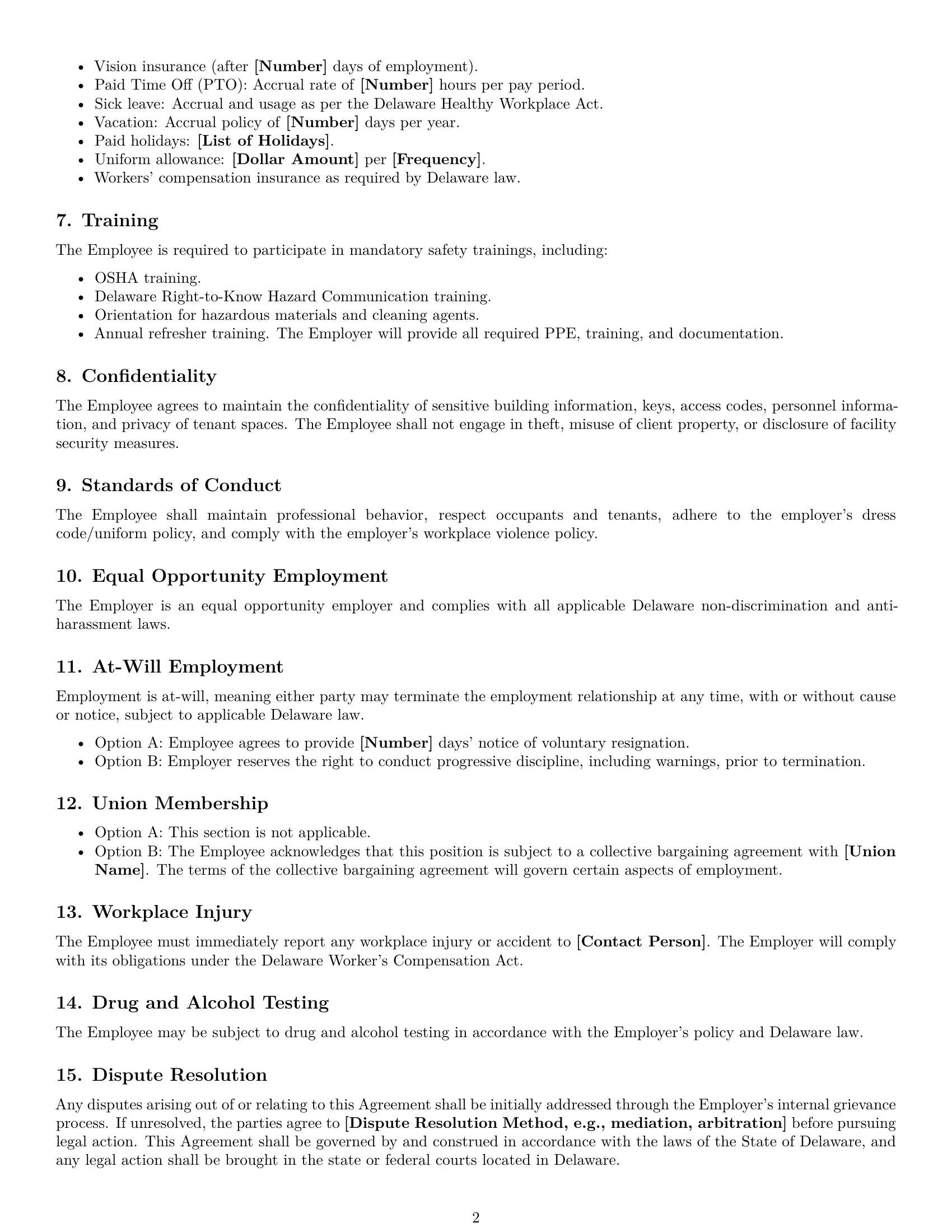 Preview page 2 of Free Delaware janitor employment contract template