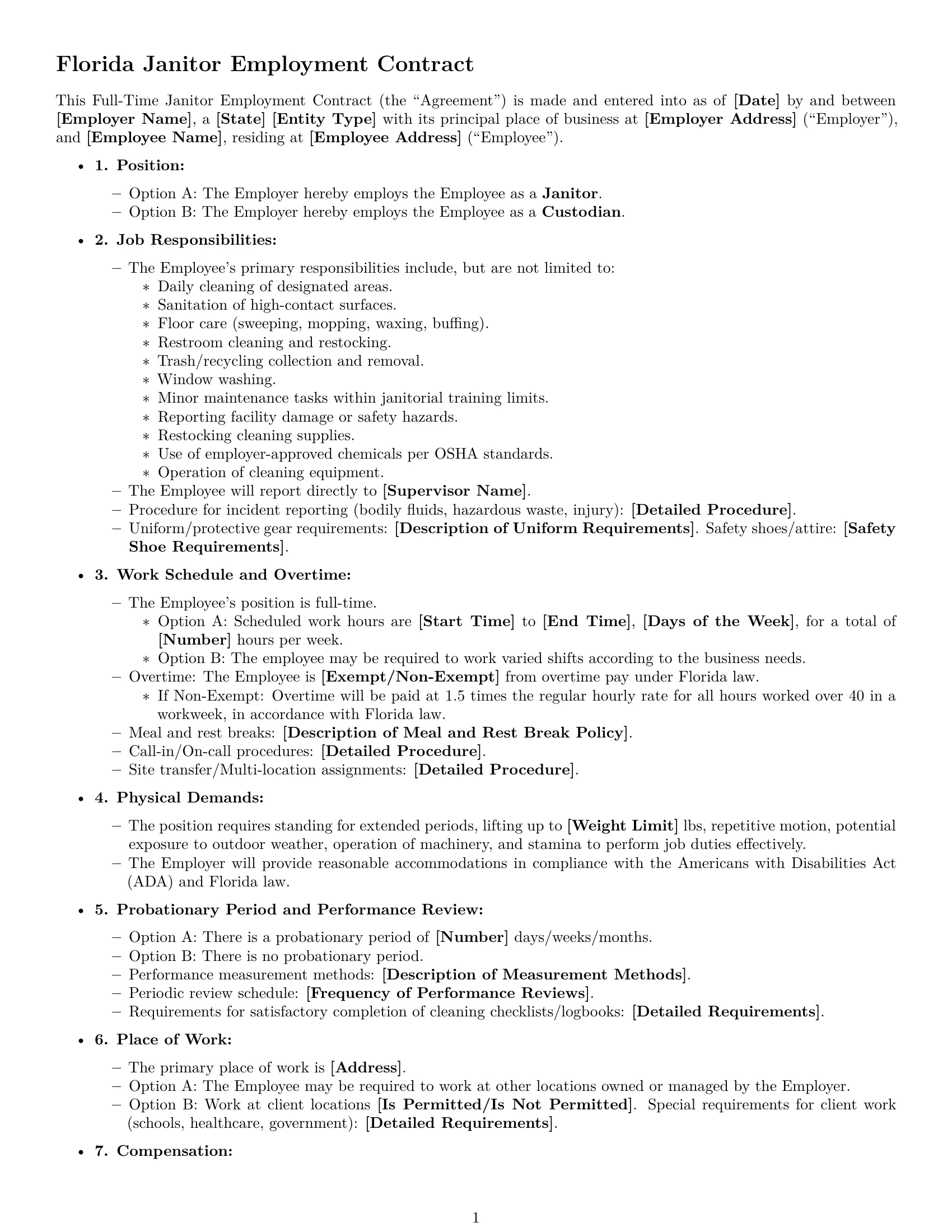 Preview page 1 of Free Florida janitor employment contract template