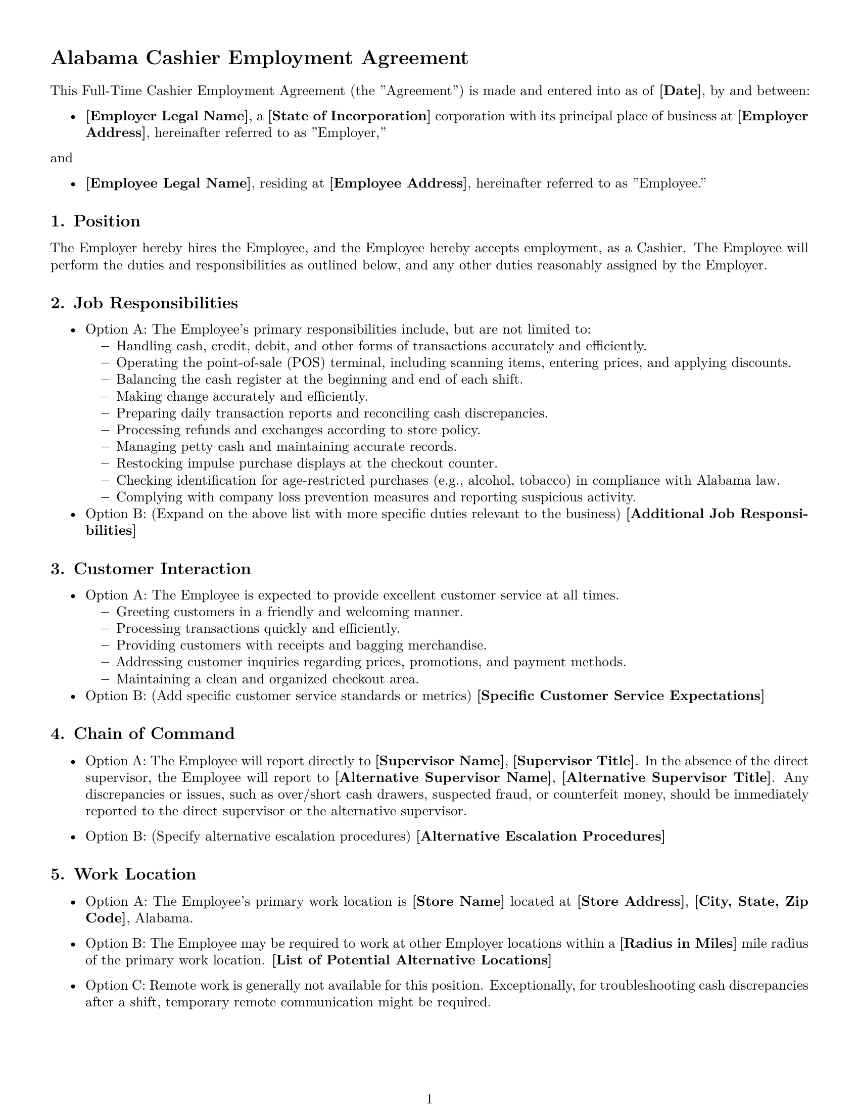 Preview page 1 of Free Alabama cashier employment contract template