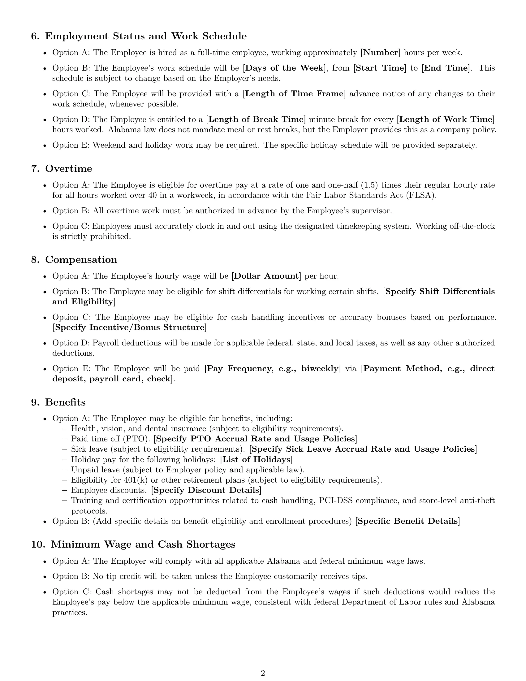 Preview page 2 of Free Alabama cashier employment contract template